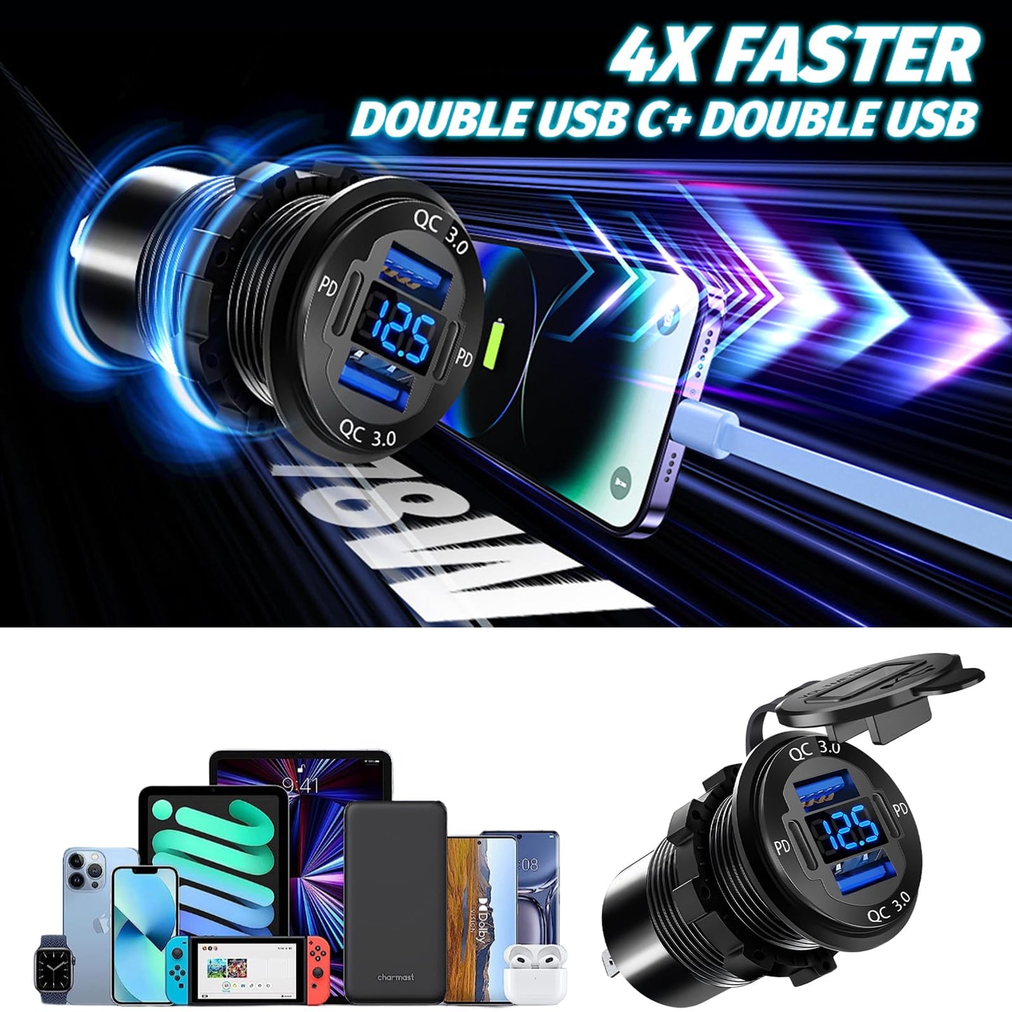 Upgraded 4 Port 12V USB Outlet, 78W Dual PD & QC Aluminum Alloy USB Ports with LED Voltmeter Waterproof for Cars, Cigarette Lighter Replacement 12V