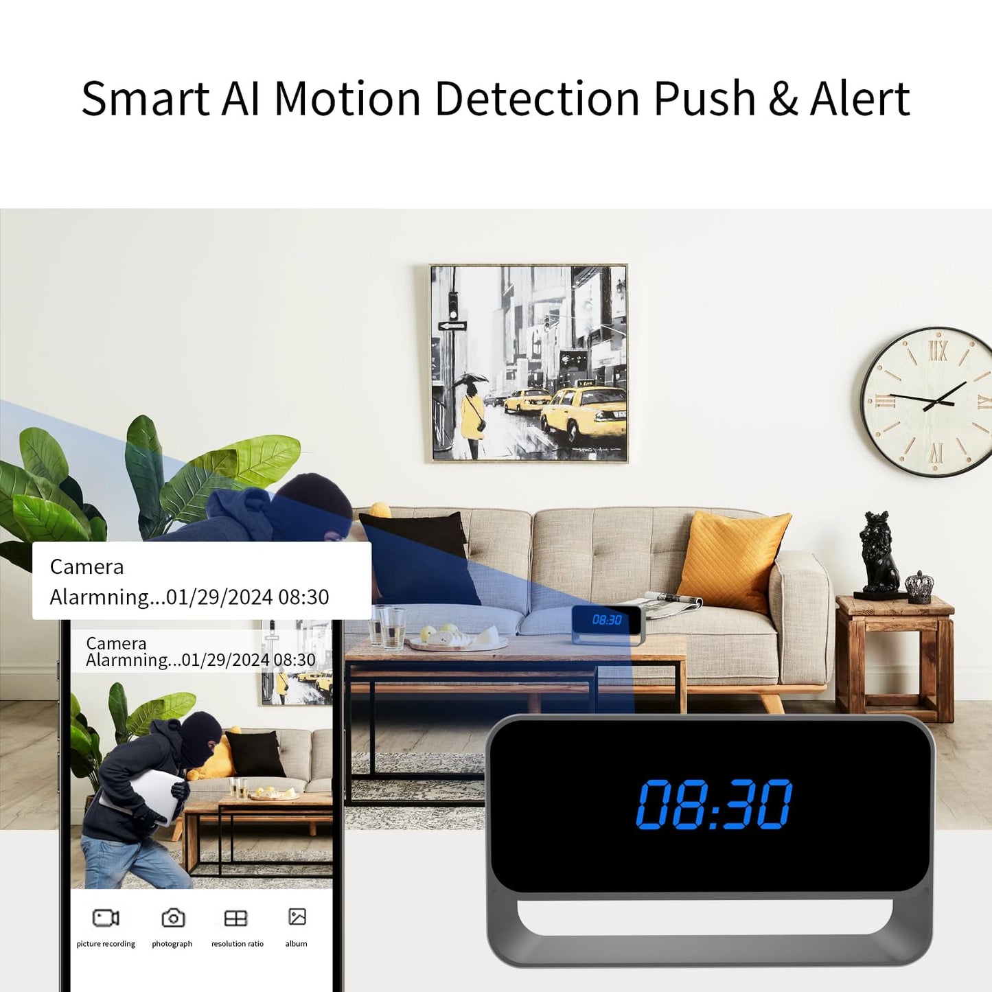 DuboCam Mini WiFi Camera with Clock - Full HD 1080P - Wireless Nanny Cam for Home Office Security - Strong Night Vision - Cloud Storage
