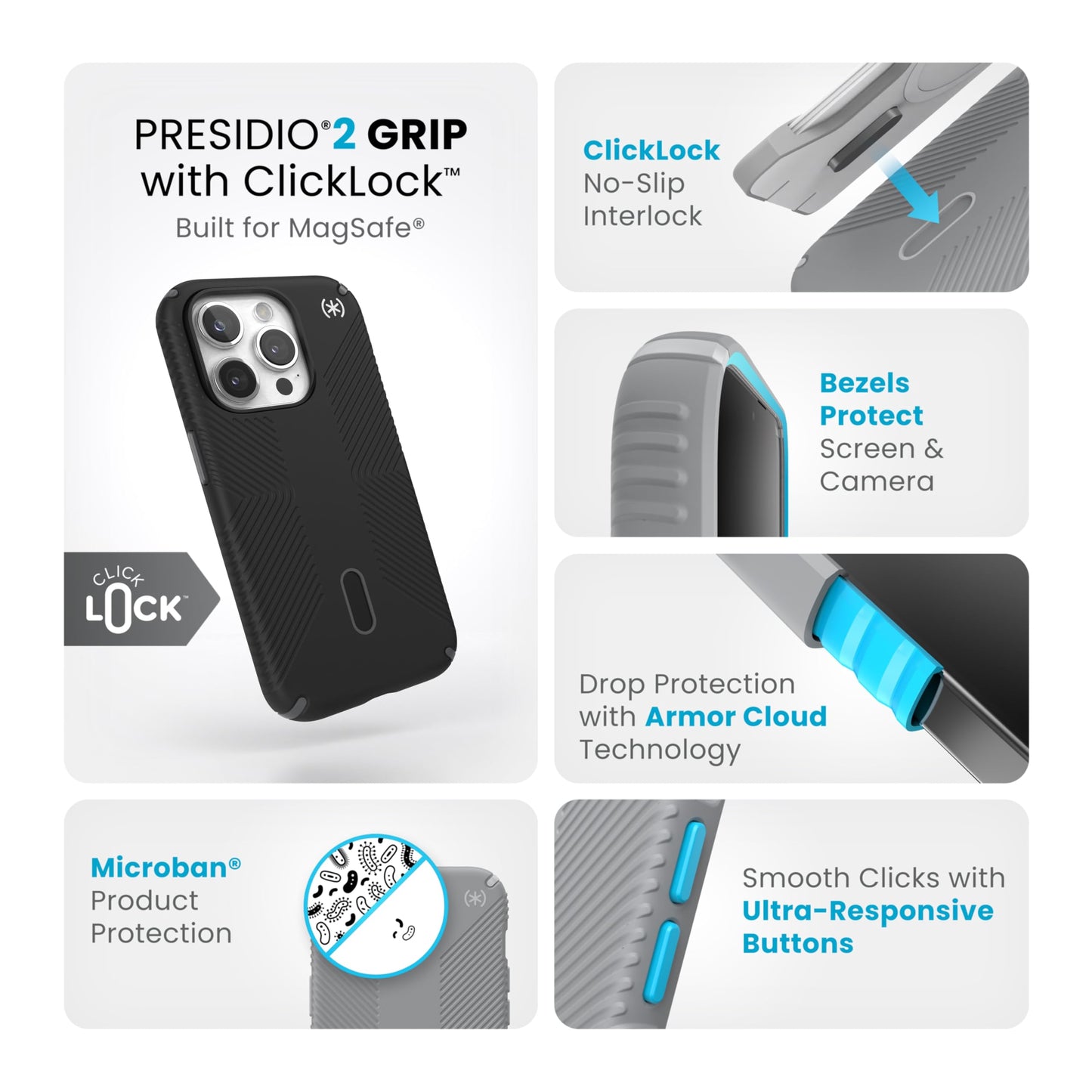 Speck MagSafe Case for iPhone 15 Pro - Drop & Camera Protection, ClickLock No-Slip, Wireless Charging Compatible, Fits All 6.1 Inch Models
