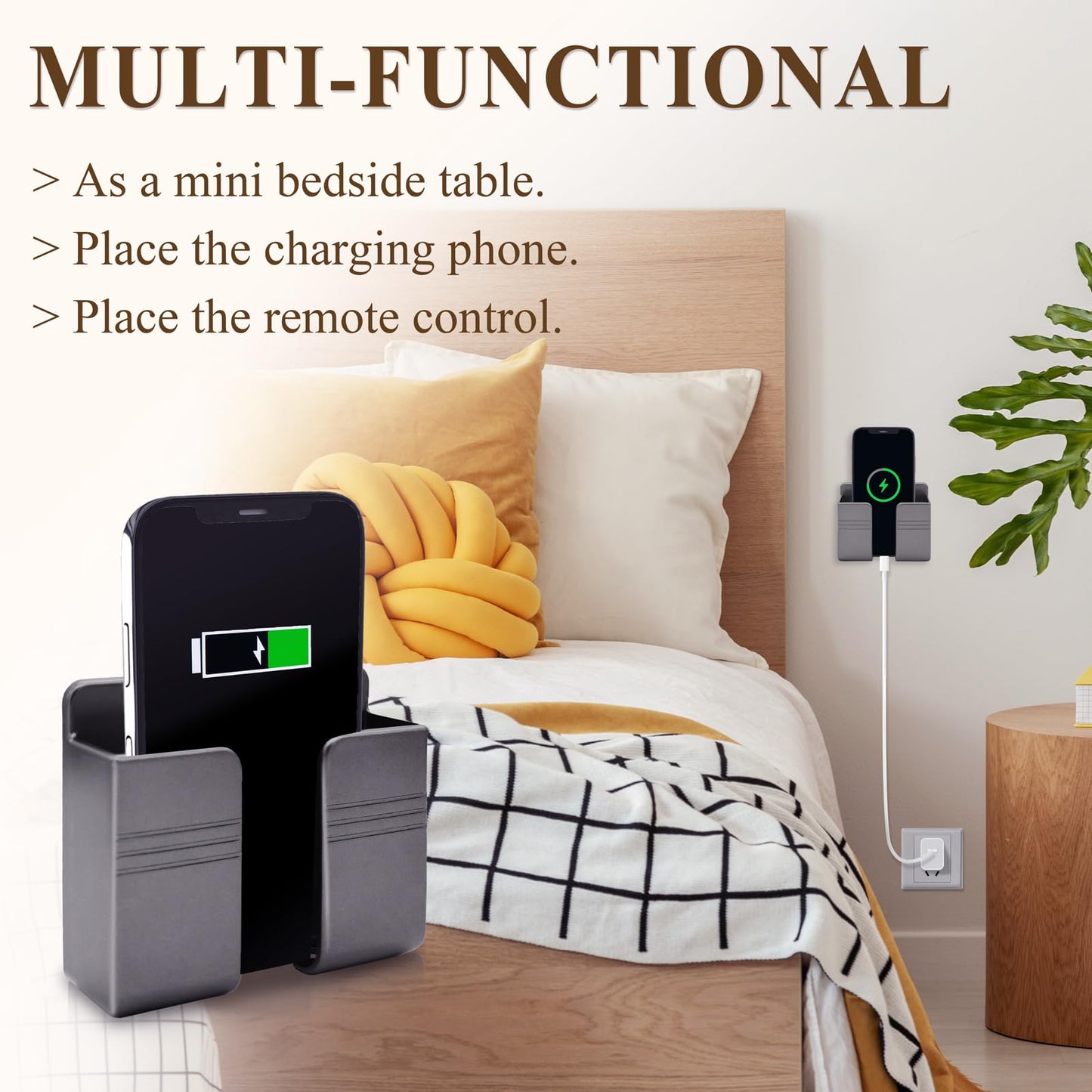GrliTra 2 Pcs Wall Mount Phone Holder with 3M Adhesive Phone Stand with Data Cable Receiving Hole, Charger Remote Control Storage Box for Bedroom