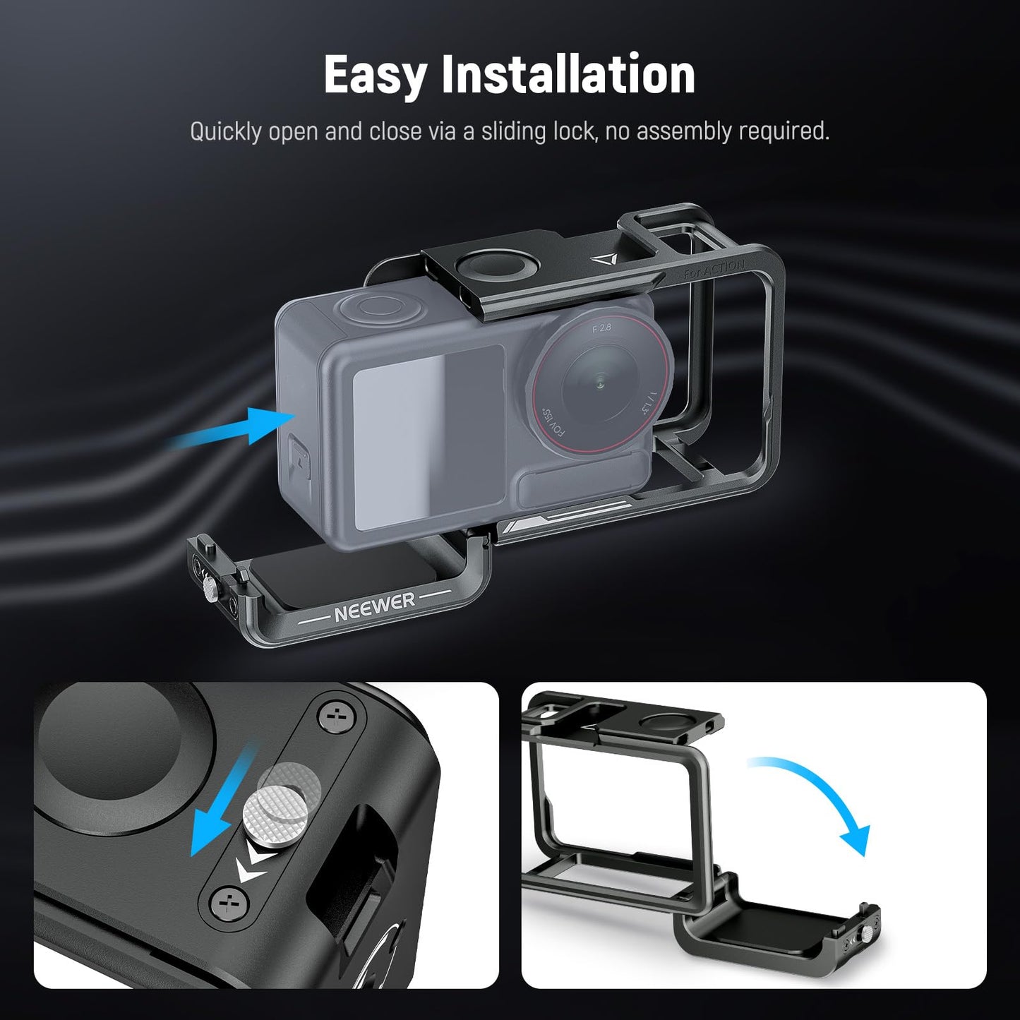 NEEWER Action Camera Cage for Osmo Action 5 Pro / 4/3, Protective Metal Video Rig with Cold Shoe, 1/4" Thread, Shutter Button Compatible with DJI Mic