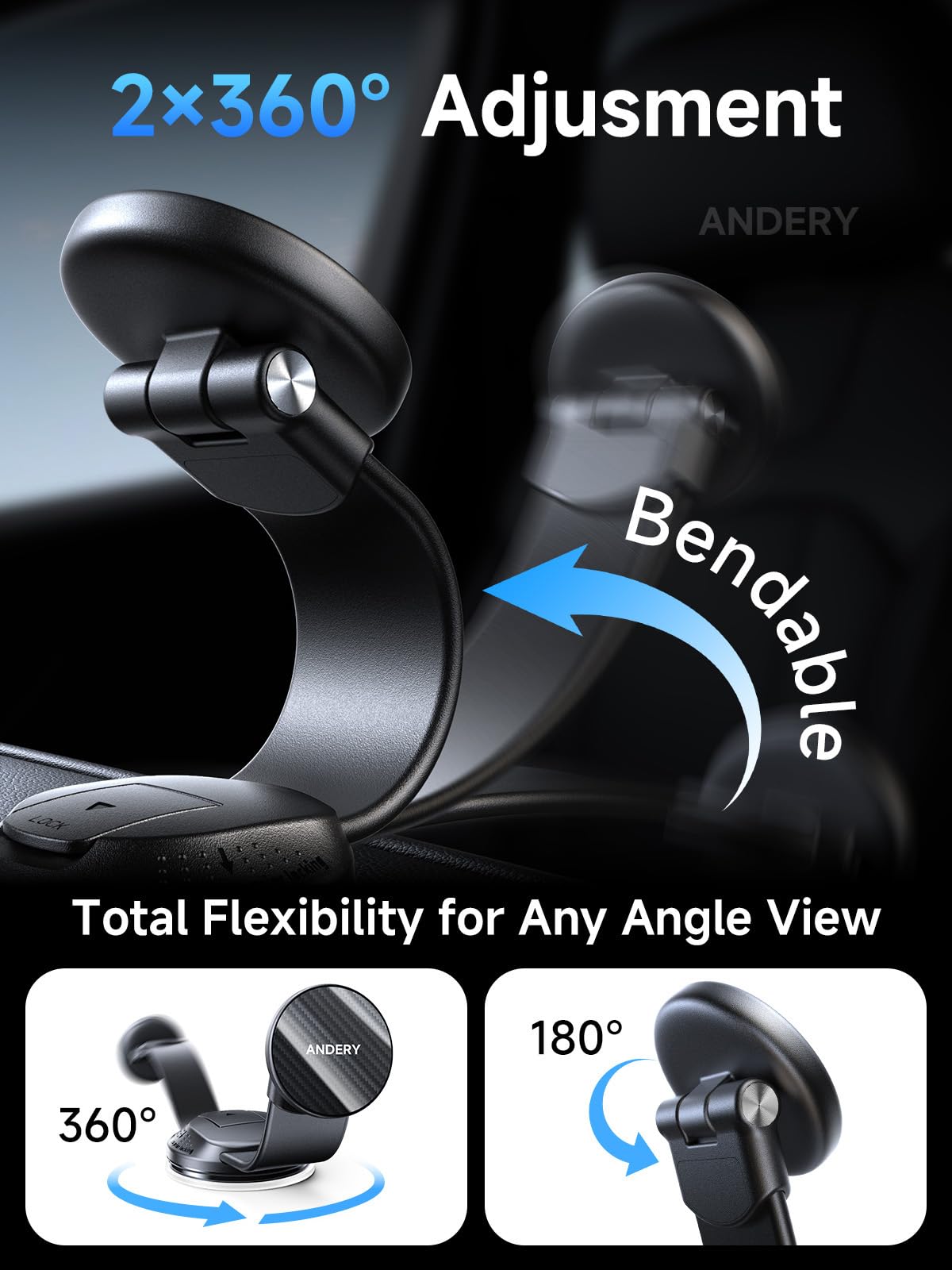 ANDERY Car Phone Holder for MagSafe [360° Adjustable Memory Alloy Arm | 2400gf Strongest Magnetic Power] Bendable Car Mount, Phone Holders for Your