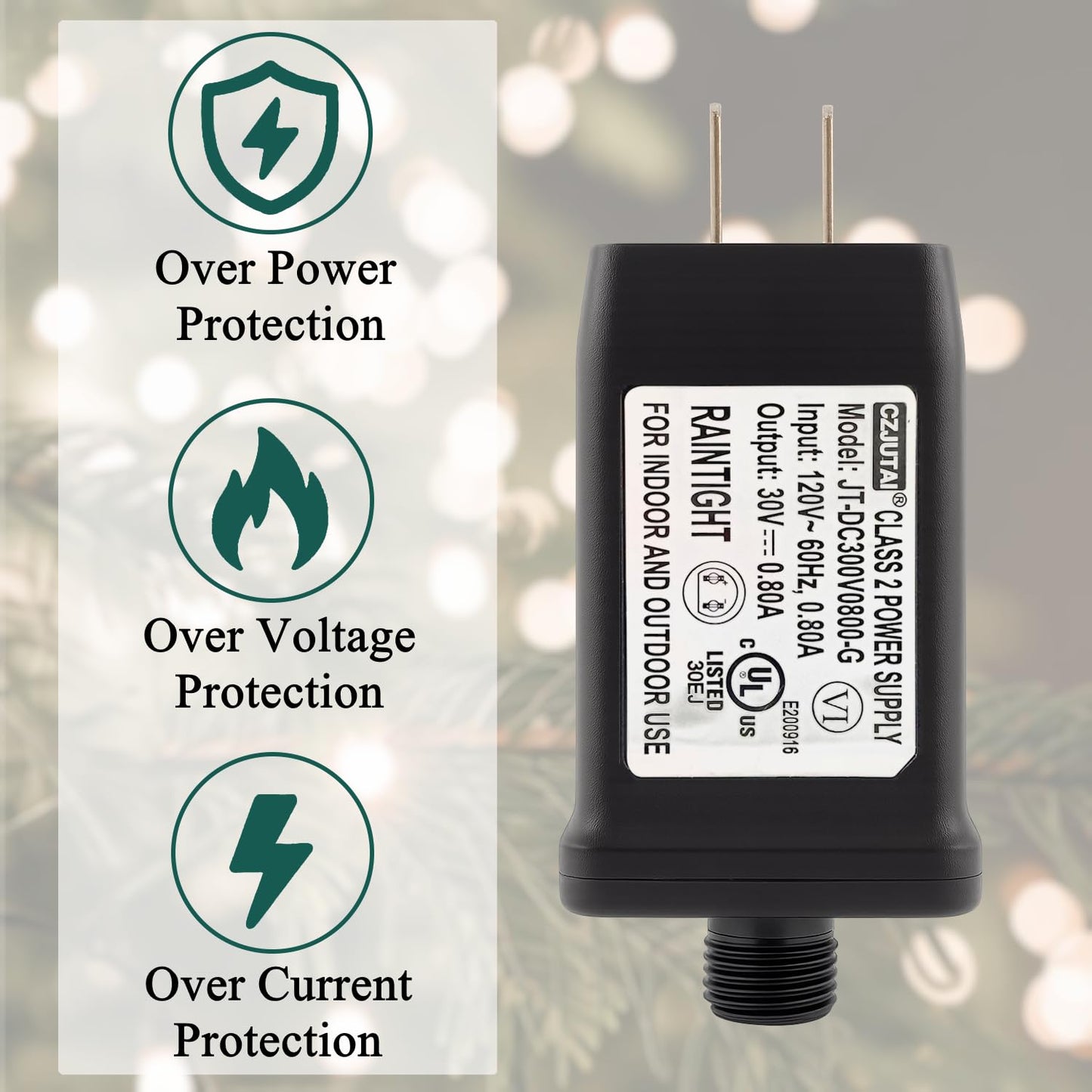 Power Supply JT-DC300V0800-G Class 2 LED Transformer 30V 0.8A 24W Raintight IP44 US Plug Connector 5/8in 15 mm Adapter Replacement for LED String