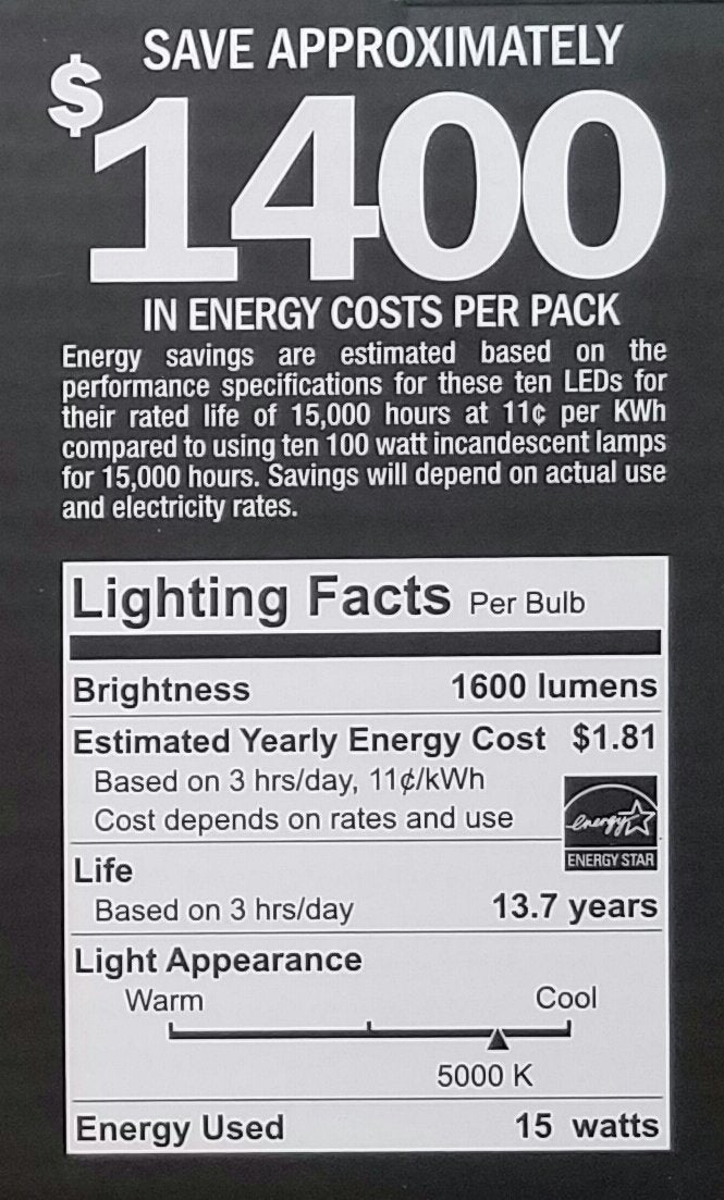 FEIT 100w LED Replacement Bulbs using 15W Daylight 5000K 1600 Lumens (10 Lamps)