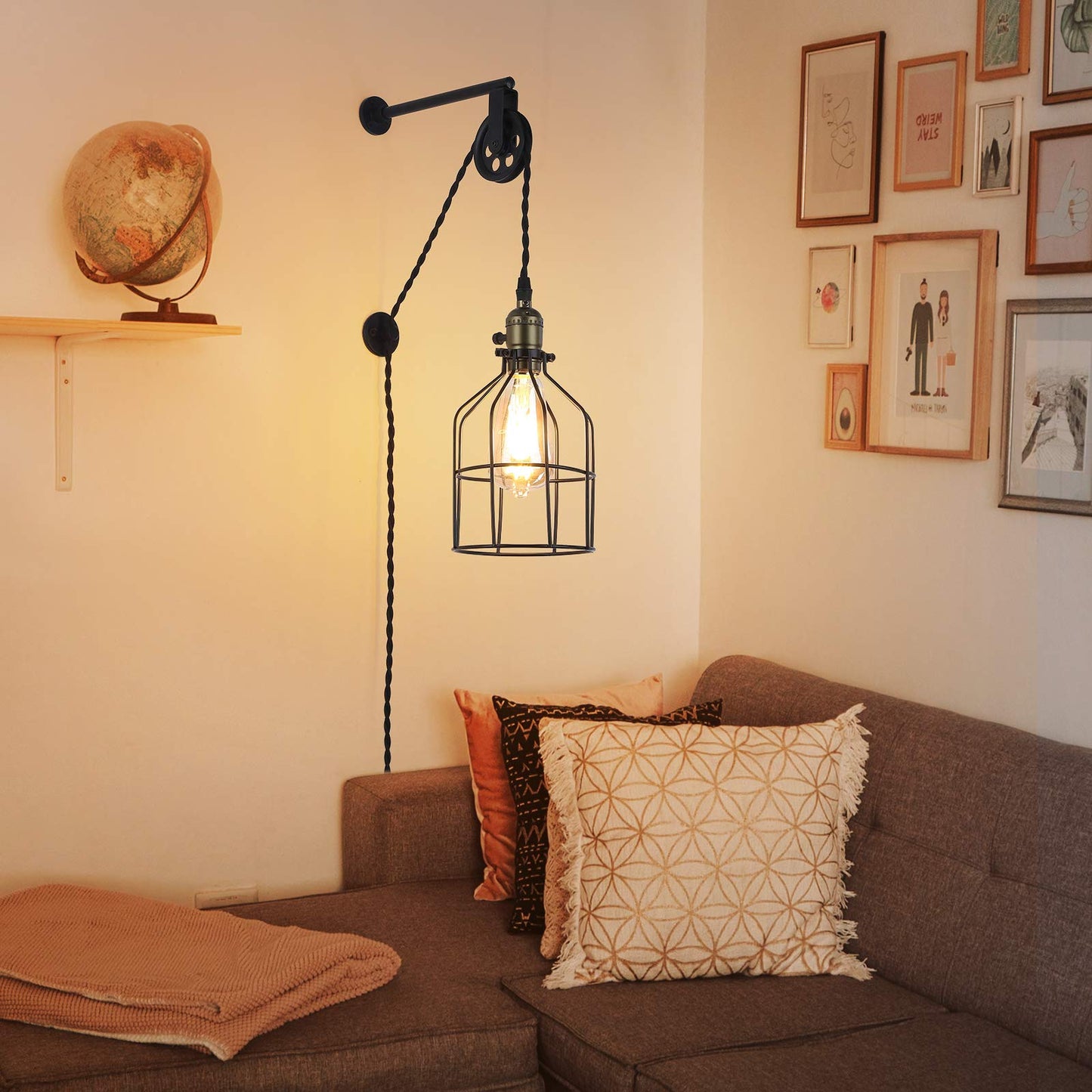 Antique Cage Hanging Wall Sconces Plug in for Bedroom Living Room , Adjustable Pulley Wall Lamp Light Fixture for Bedside Reading ,Farmhouse