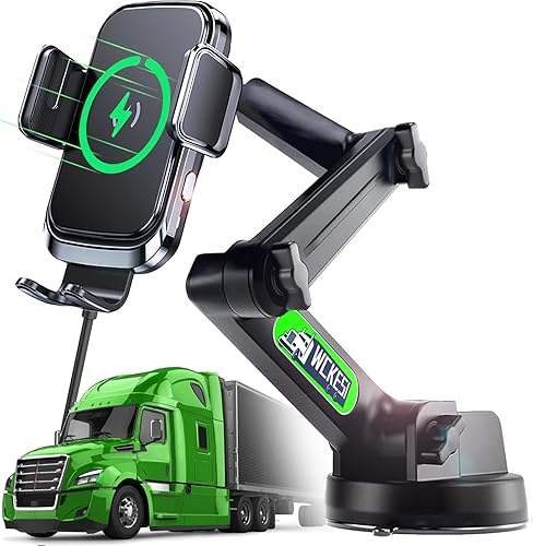 WCKESI Truck Phone Holder Wireless Car Charger Mount, 15W Fast Charging Vacuum Phone Holder 14 Inch Long Arm Heavy Duty Pickup Windshield