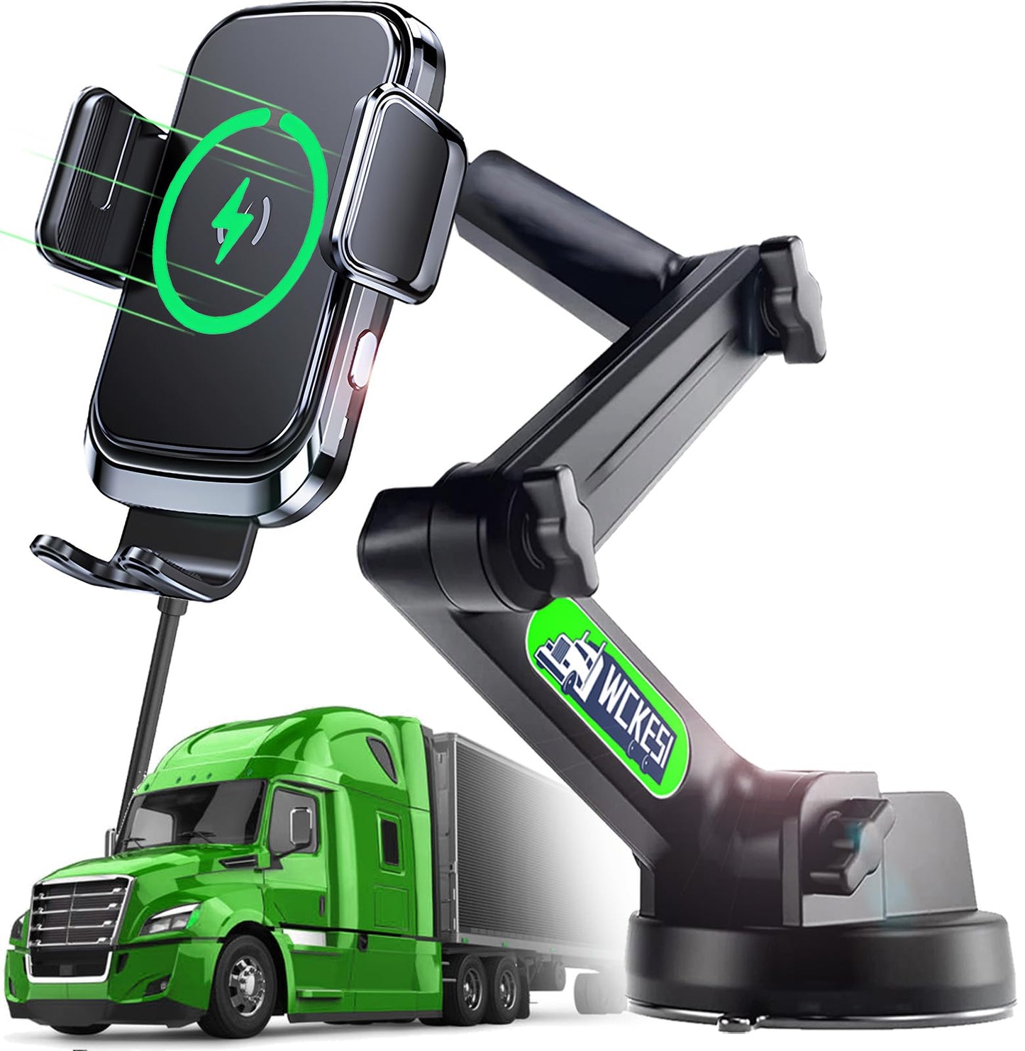 WCKESI Truck Phone Holder Wireless Car Charger Mount, 15W Fast Charging Vacuum Phone Holder 14 Inch Long Arm Heavy Duty Pickup Windshield
