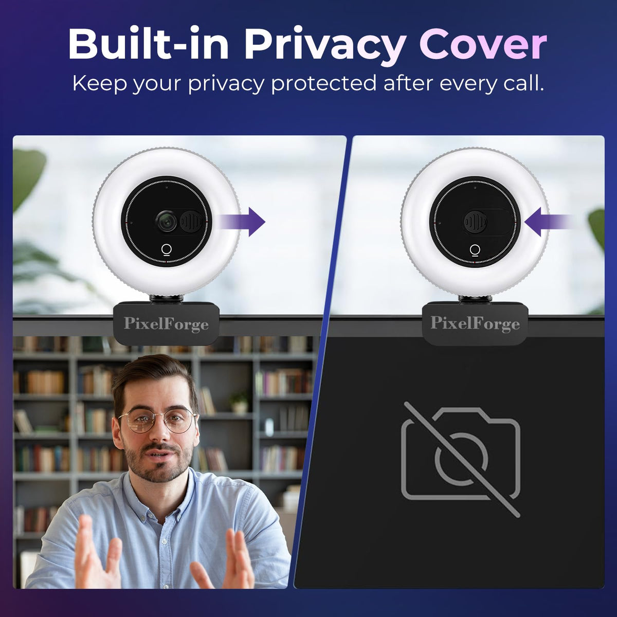 PixelForge 4K Webcam for PC with Microphone & Light & Privacy Cover