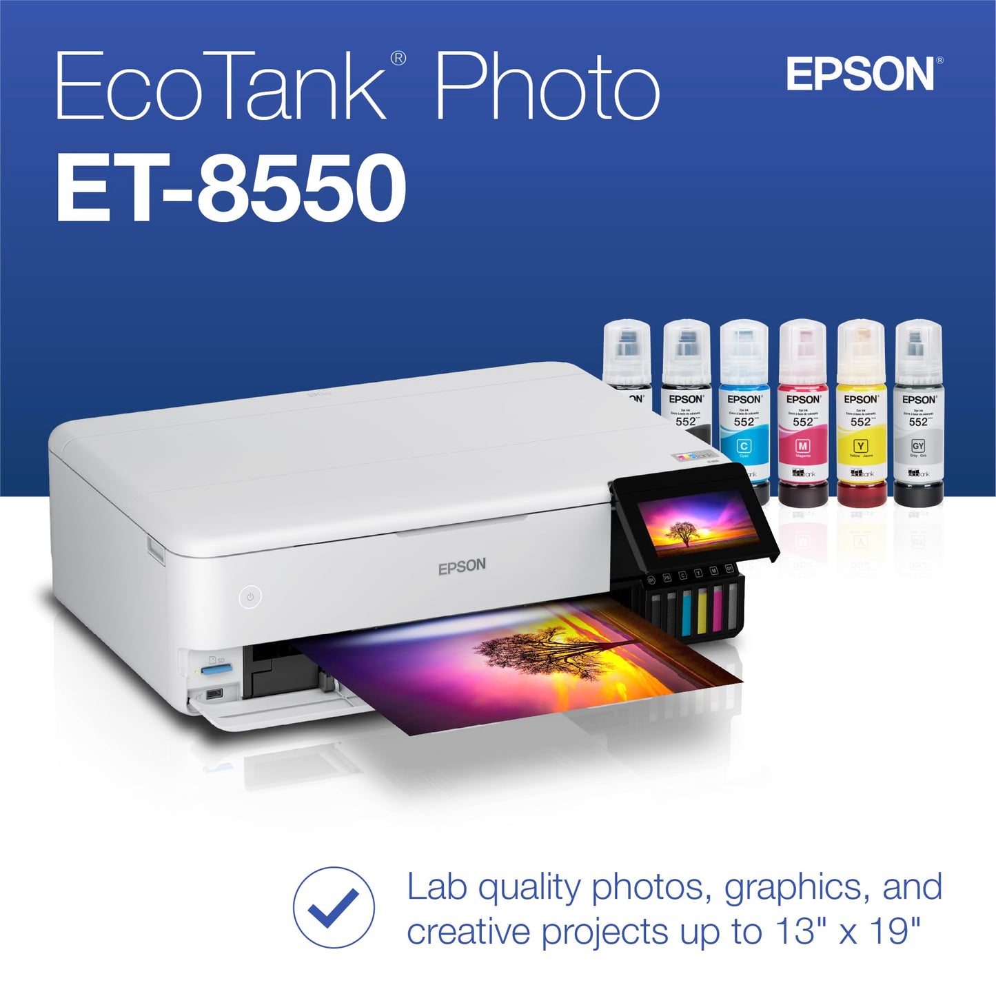Epson EcoTank Photo ET-8550 Wireless Wide-Format Color All-in-One Supertank Printer with High Resolution Scanner, Ethernet, USB, and Color Touchscreen
