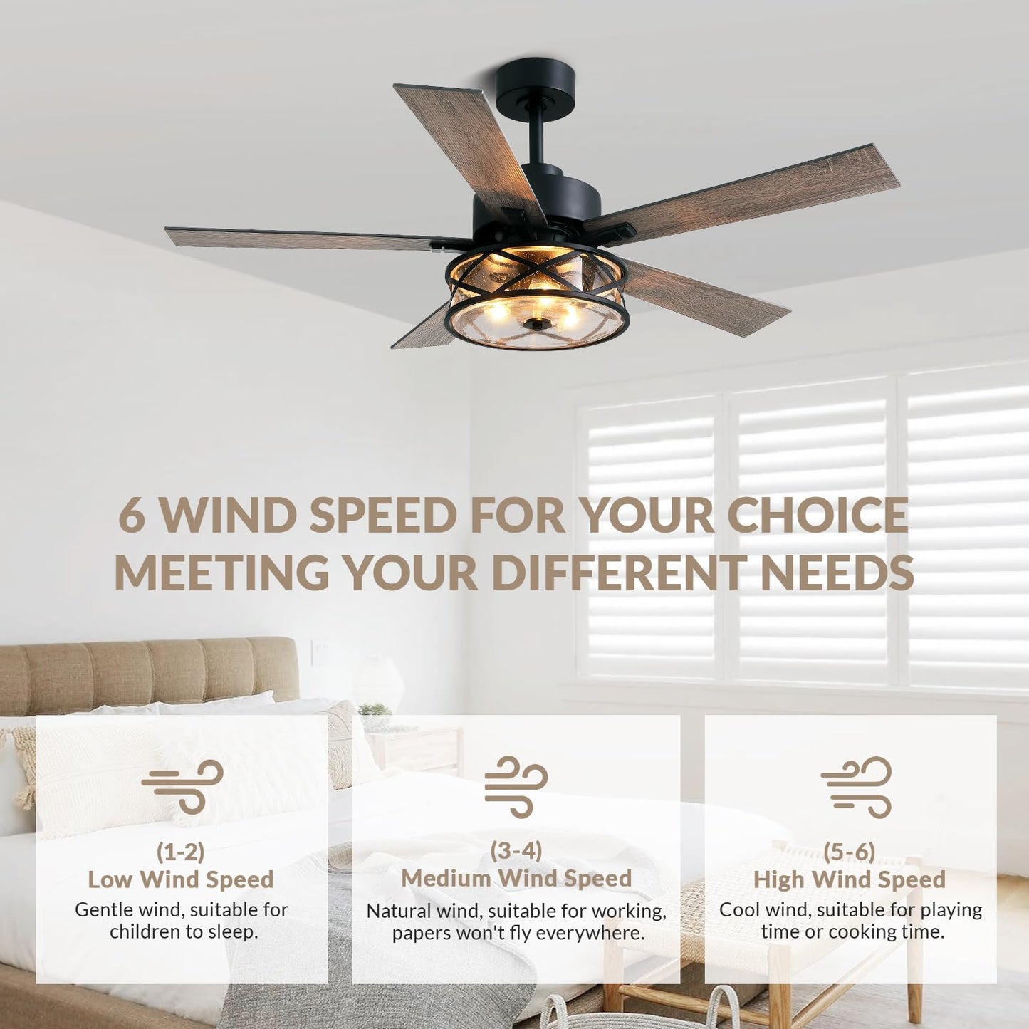 APBEAMLighting Farmhouse Ceiling Fans with Lights and Remote Control, 52 Inch Rustic Fandelier Ceiling Fan with Bubble Glass Shade 6-Speed Caged