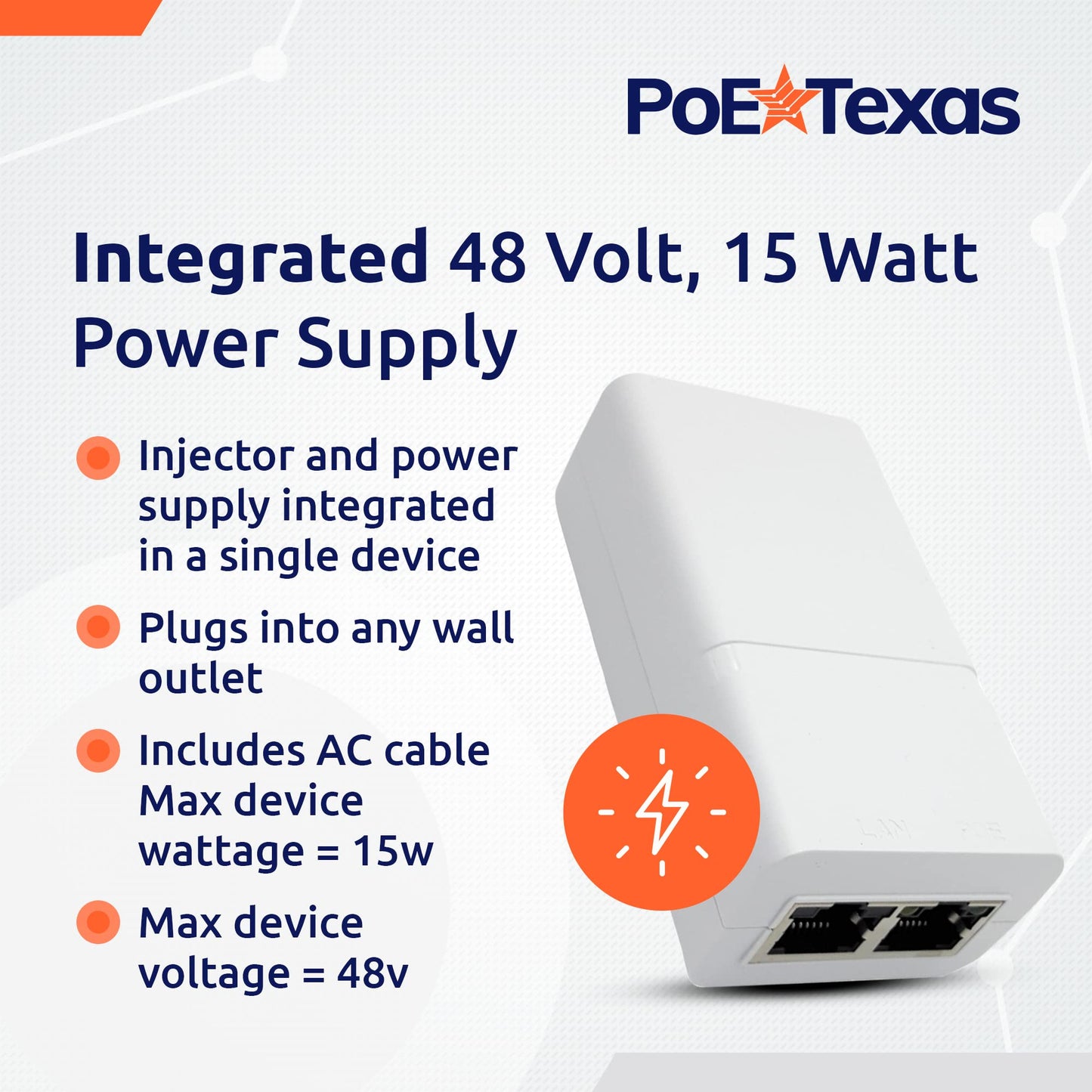 Poe Texas PoE Injector - Single Port Power Over Ethernet Passive PoE Adapter - 10/100/1000 Gigabit Data with Integrated 48V 15W Power Supply - Plug