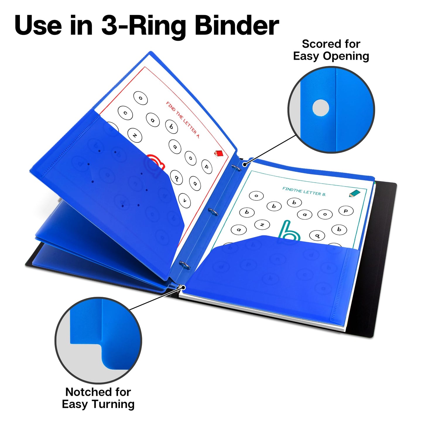 Dunwell Plastic 2-Pocket Folders for 3-Ring Binders, (3 Pack, Blue) 3 Hole Punched, Divider Folder for Notebooks, Durable Poly, Fits 8.5x11 Sheets