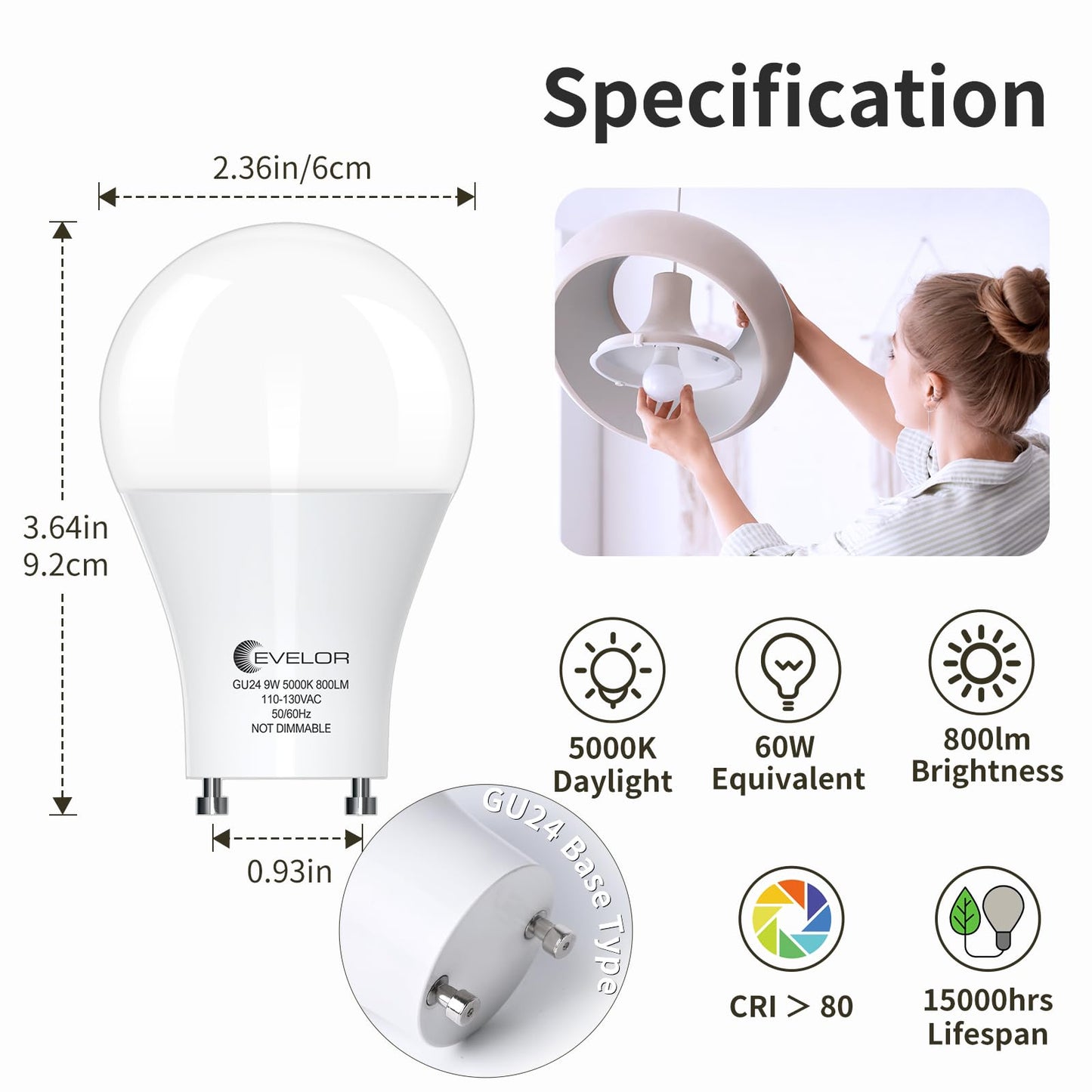 evelor GU24 LED Light Bulbs,60 Watt Equivalent,Daylight White 5000K,4 Packs