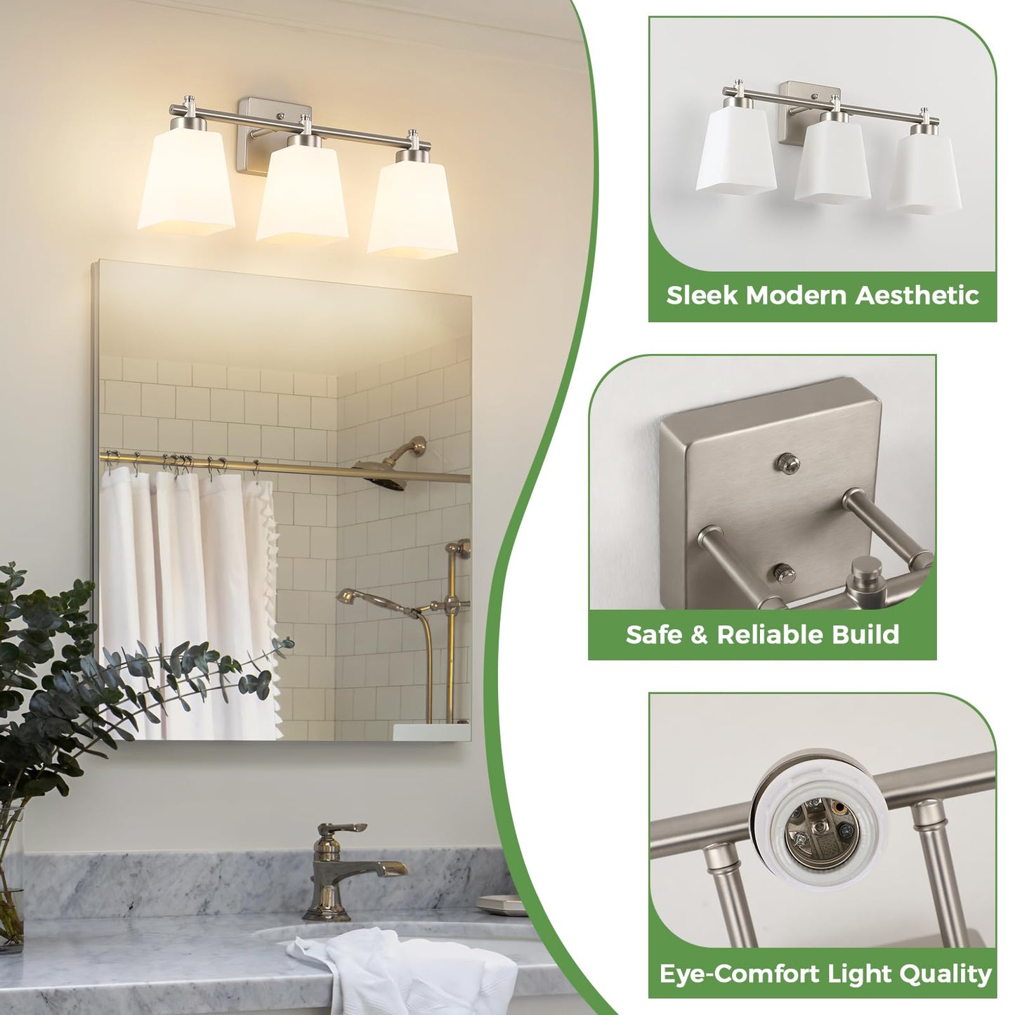 ECOBRT 3-Light Modern Bathroom Vanity Light, Wall Sconce Over Mirror with Milky White Frosted Glass Shades, E26 Socket (Bulbs Not Included)