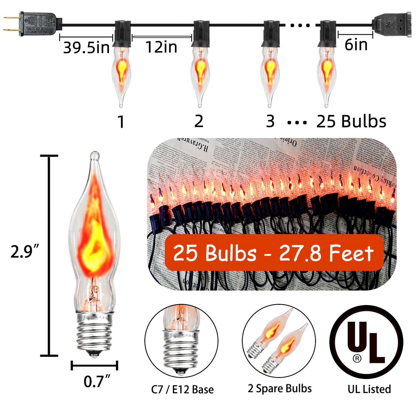 27.8Ft Halloween Decorations Flickering Flame String Lights with 29 Pack Clear Glass Flame Light Bulbs (4 Spare), E12 Base, Great for Christmas