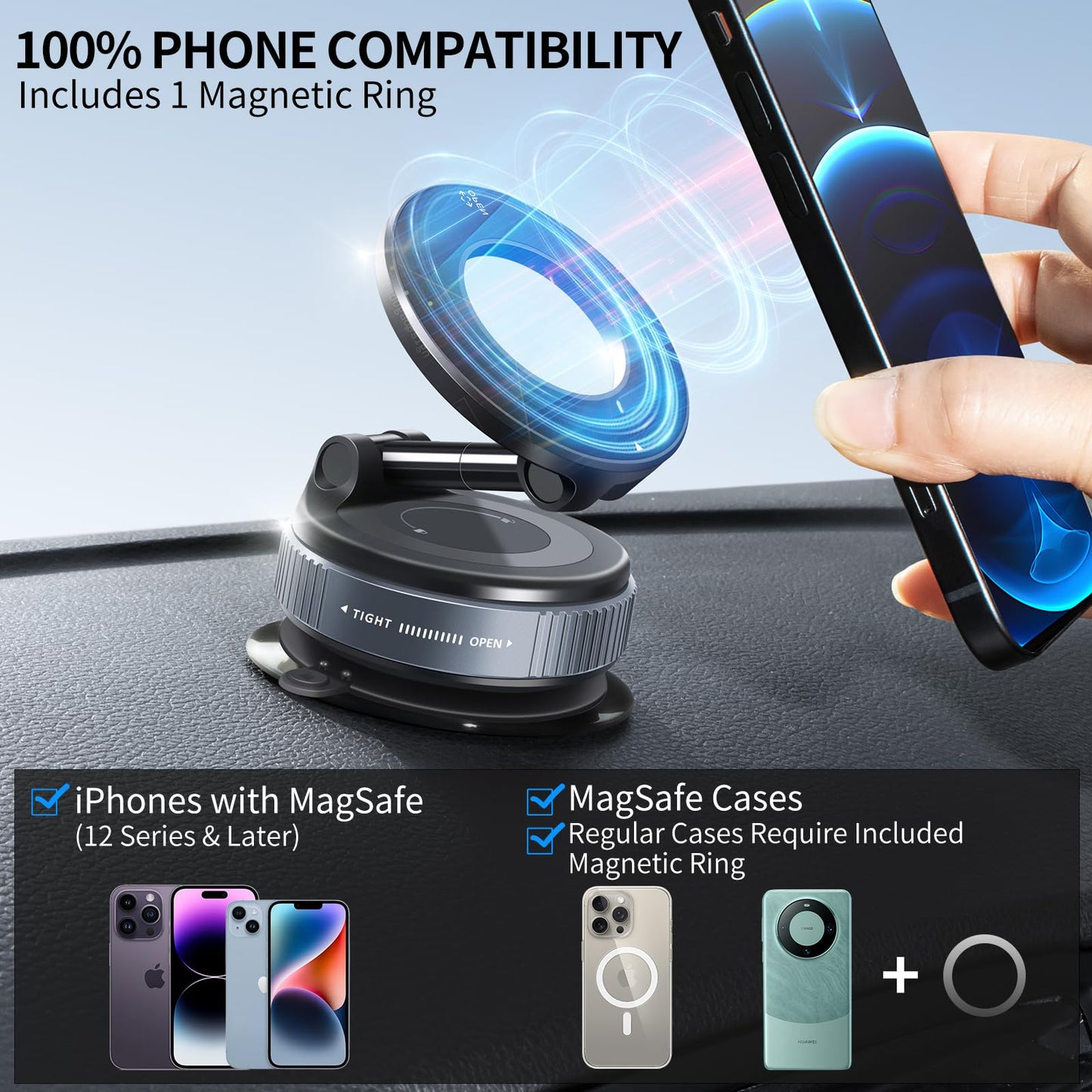 ILKCC Vacuum Suction Magnetic Phone Holder, 2025 Upgraded Vacuum Suction Cup Mount for Magsafe, 360° Adjustable Foldable Portable Magnetic Car Phone