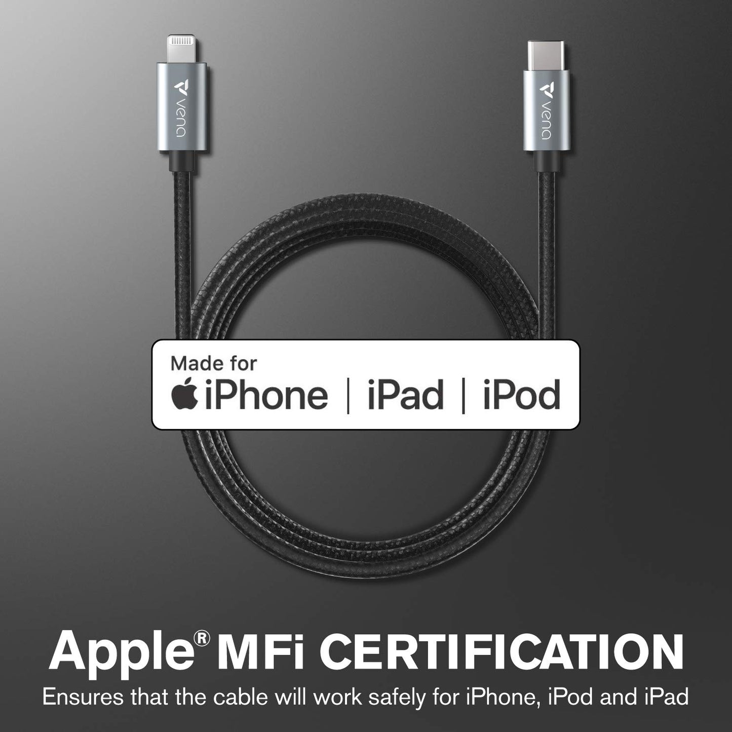 Vena USB C to Lightning Cable - 10FT, (Apple MFI Certified) 18W Fast Charge Nylon Braided Apple Charger Compatible with iPhone 14/13/12/12 Mini/12…