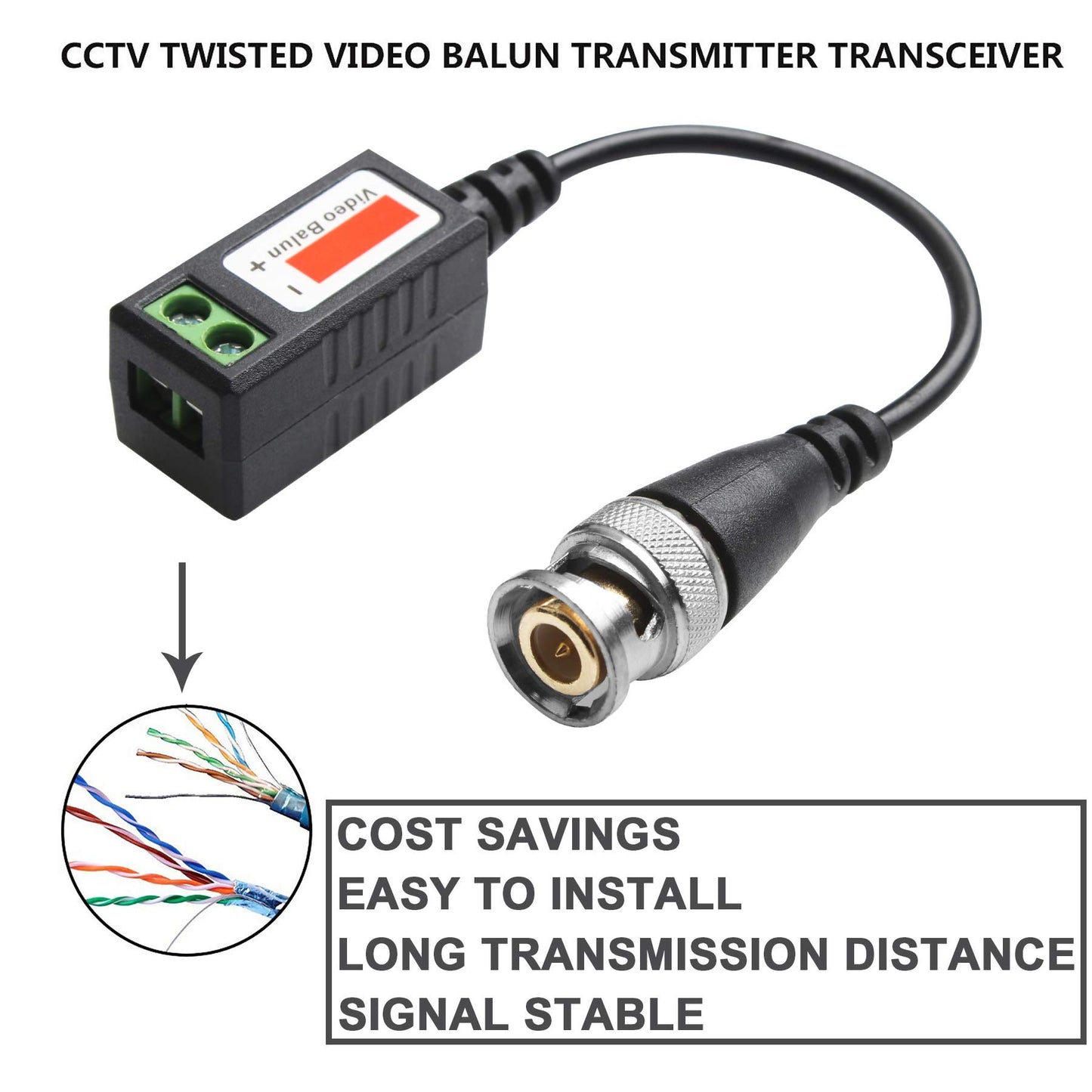Passive Video Balun Connector 20 Pairs Cat5 HD Mini CCTV BNC Video Balun Transceiver Cable with Lighting Protection and Coax BNC Connector to RJ45