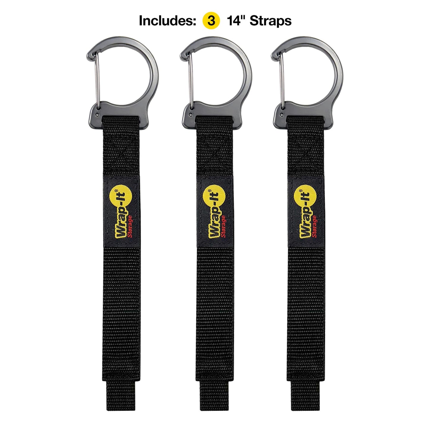 Wrap-It Storage Quick Clips - 14" (3-Pack) Black - Cable Straps With a Metal Clip to Use as an Extension Cord Organizer or Garden Hose Holder
