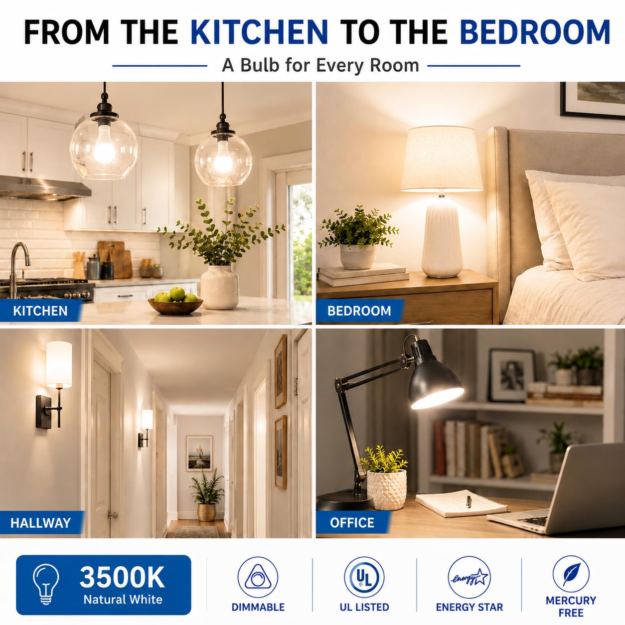 KOR GU24 A19 LED Light Bulbs, 3500K Natural White, Dimmable, 9W, 4-Pack