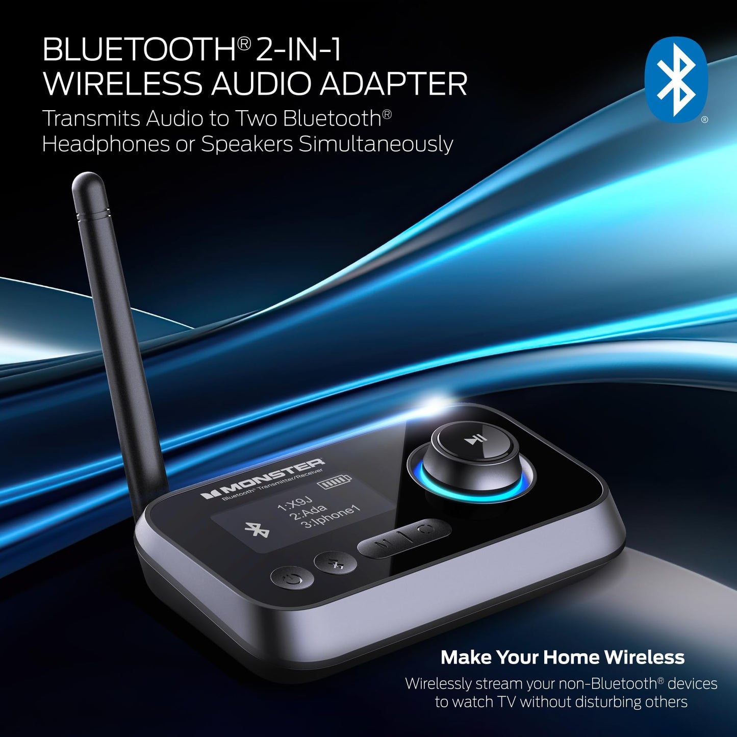 Monster Bluetooth Transmitter & Receiver, 2-in-1 Bluetooth Audio Adapter, Stream to/from NonBluetooth Devices, Stream TV to 2 Headphones, 33 ft Range