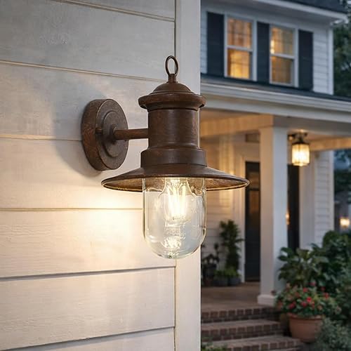 Lucande Outdoor Wall Lantern, Rust Finish Farmhouse Exterior Sconce, Clear Glass Porch Decor Wall Light for Front Door Garage Patio, Outside Lights