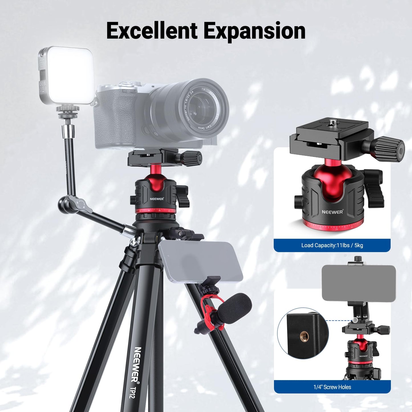 NEEWER Basics 66.5"/169 cm Travel Tripod for Camera, Lightweight Portable DSLR Stand with Ball Head, Arca Type QR Plate, Cell Phone Holder Compatible