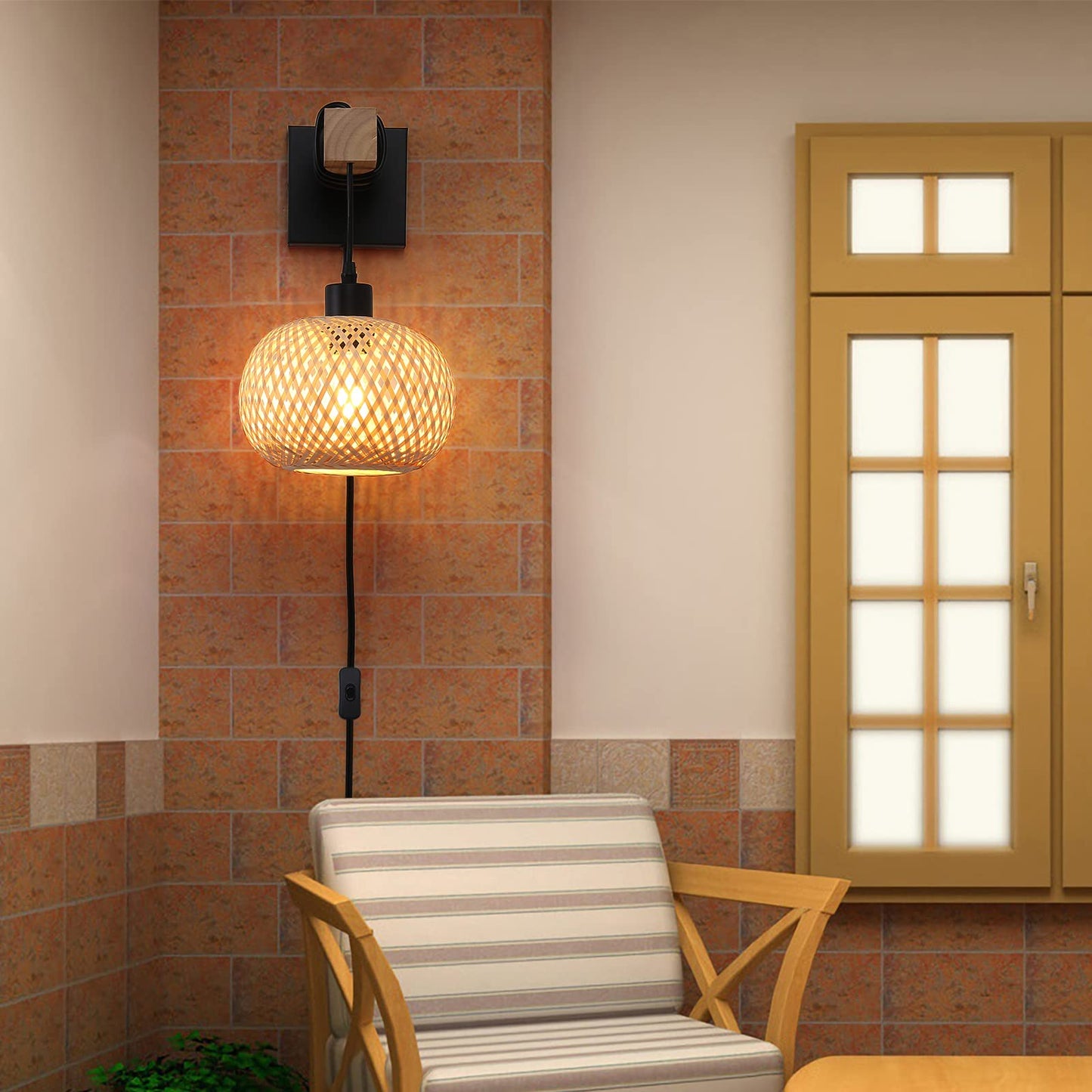 Farmhouse Plug in Wall Sconces Light Fixture for Bedroom, Living Room, Bamboo Rattan Lantern Lampshade Wood Beam Wall Mounting Hanging Lamp, Vintage