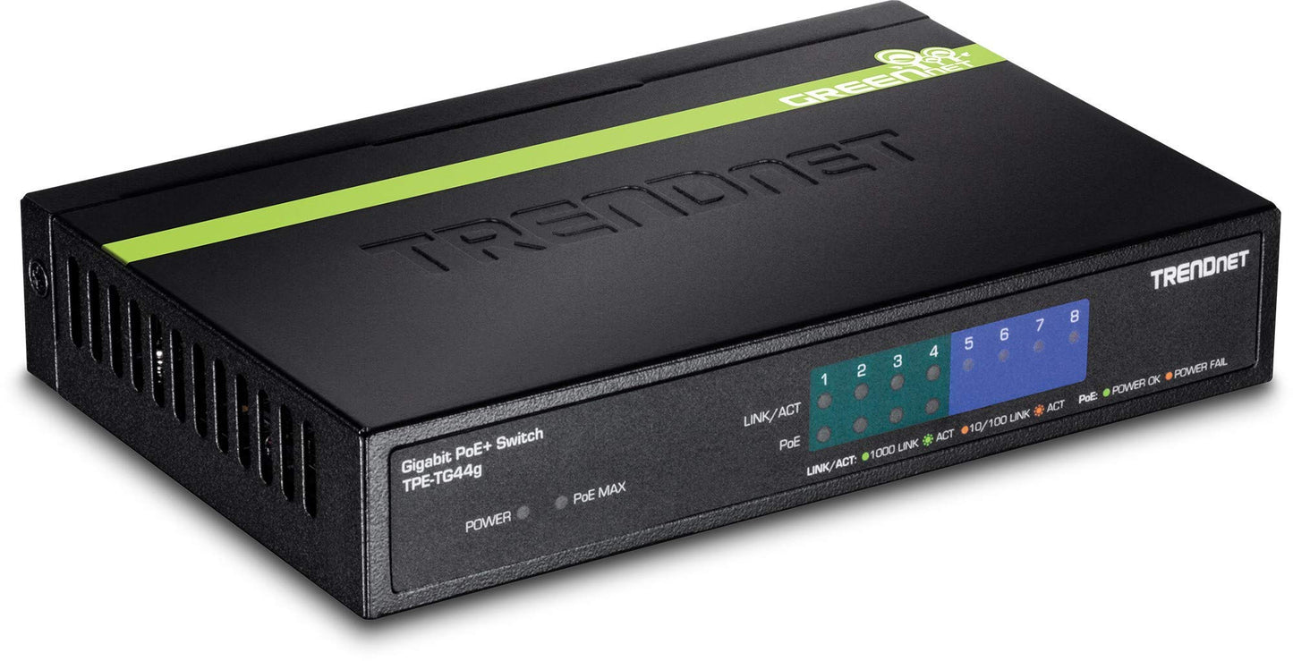 TRENDnet 8-Port Gigabit PoE+ Switch, TPE-TG80G, 8 x Gigabit PoE+ Ports, 123W PoE Power Budget, 16 Gbps, Ethernet Splitter, NDAA & TAA Compliant