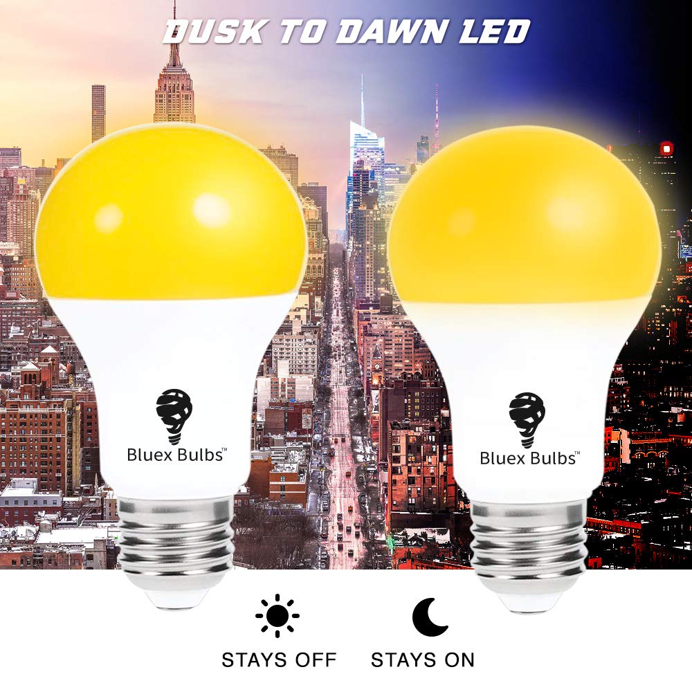 2 Pack LED Dusk to Dawn A19 Bug Light Bulbs, Yellow Amber Light With Automatic Sensor, Porch Lights Security, Auto On/Off, 2000K E26, 500 Lumens