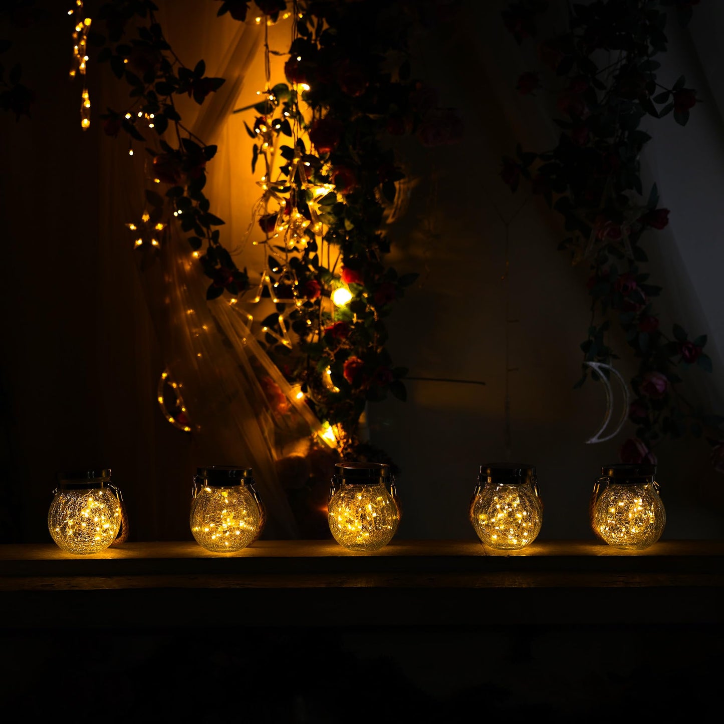 Cooo Gifts for her him 2 Pack Solar Lanterns Outdoor Waterproof Heavy Crackle Glass 30 LED Warm Firefly Lights Stainless Steel Lid 215% Solar