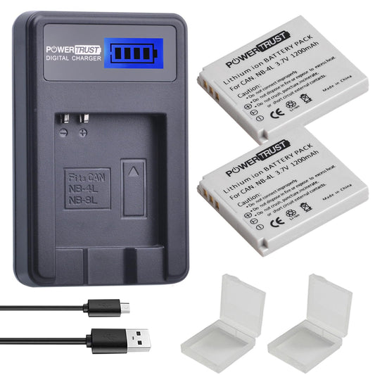 PowerTrust 2-Pack 1200mAh 3.7v NB-4L Battery and LCD USB Charger for Canon PowerShot ELPH 100 HS, 300 HS, 310 HS, SD1000, SD1100 is, SD1400 is, SD200