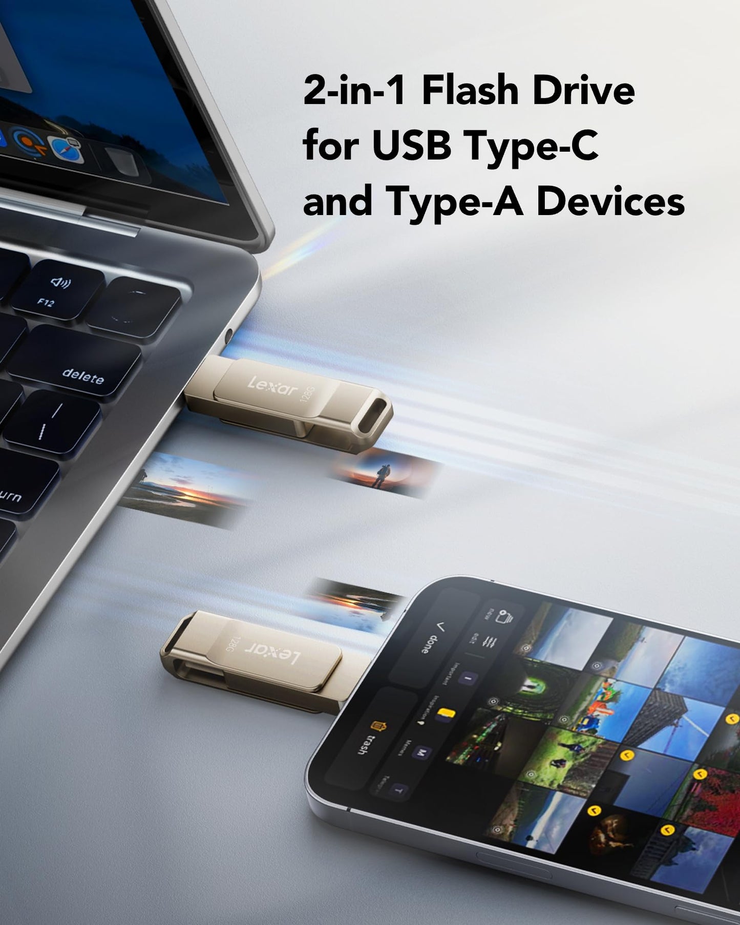 Lexar D40E 128GB Dual USB 3.2 Gen 1 Type-C Jump Drive, USB-C Flash Metal Housing Swivel Design Thumb Drive (Champagne Silver)