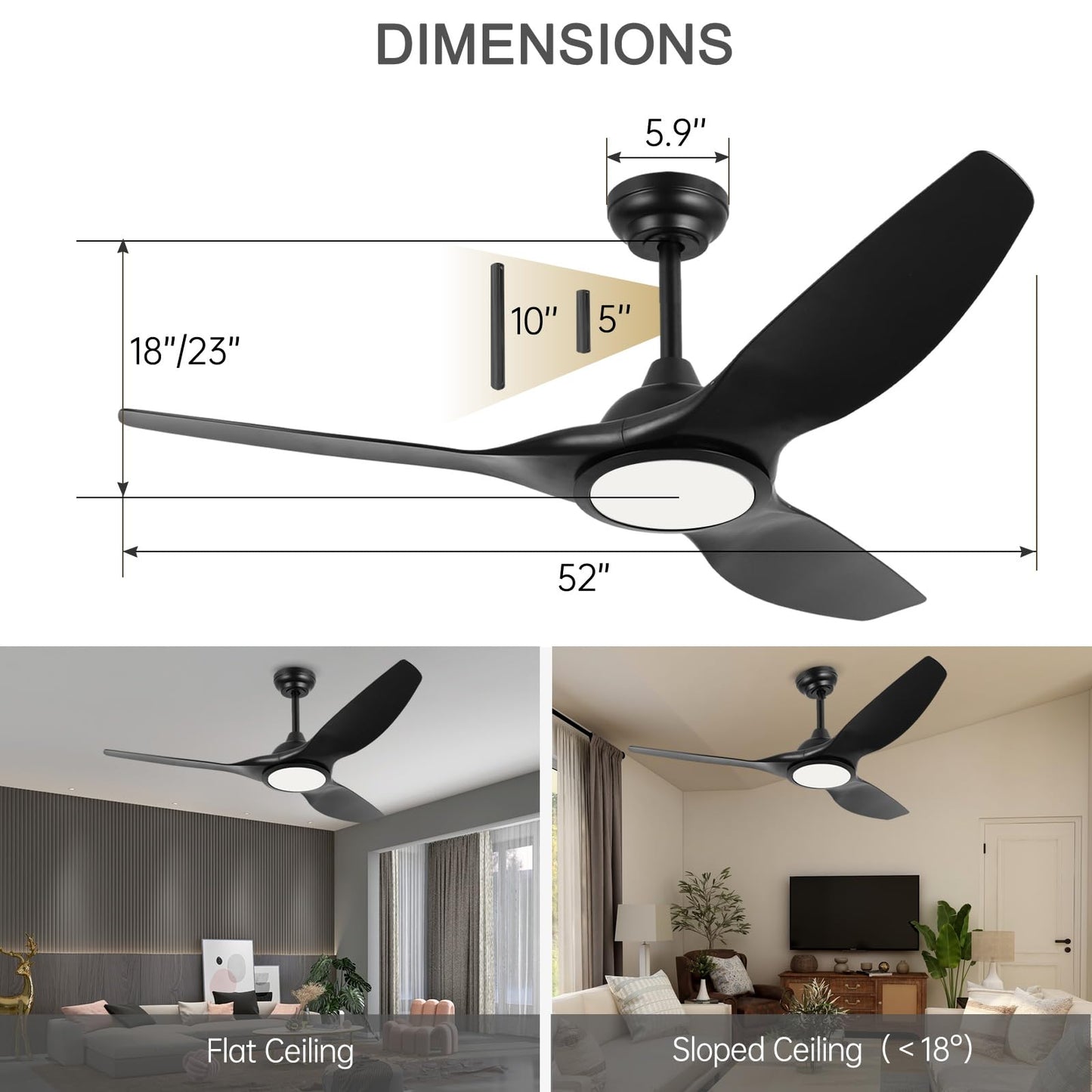 52 Inch High CFM Quiet Modern Black Ceiling Fan with Lights Remote Control