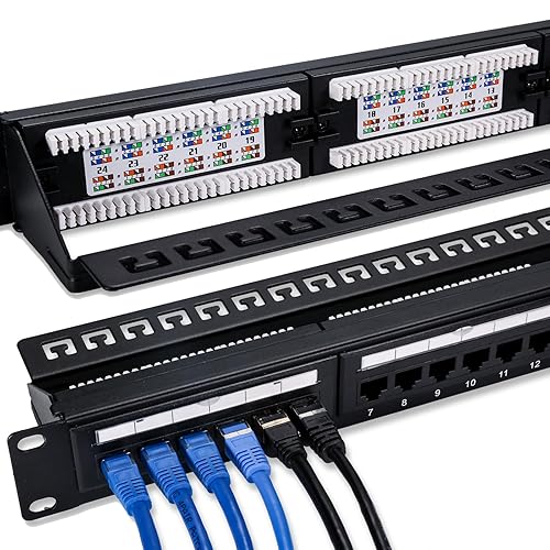 6COM 6COMGIGA 24 RJ45 Port Cat6 Patch Panel with Removable Back Bar,Support 110 & Krone Terminations,1U 19 Inch Network Patch Panel for Cat6, Cat5e