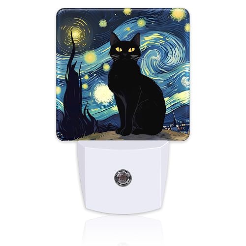 sndheke Starry Night Black Cat Night Light Plug into Wall, Abstract Oil Painting Dusk to Dawn Night Light Plug in,0.5w Energy Saving Sleep Friendly