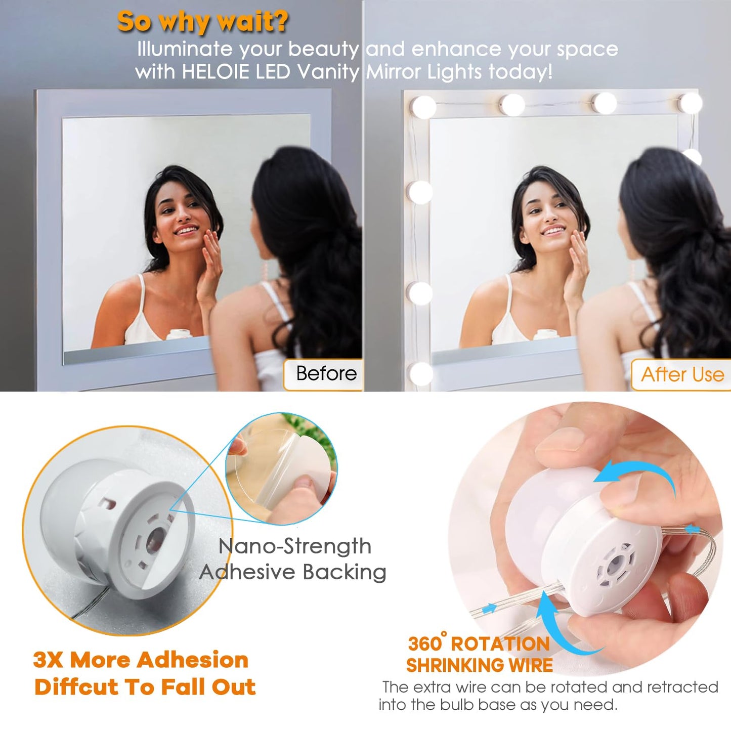 HELOIE Led Vanity Mirror Lights,Vanity Lights for Makeup Dressing Mirror Lighting,10 Dimmable Bulbs,Adjustable Light Color & Brightness,USB