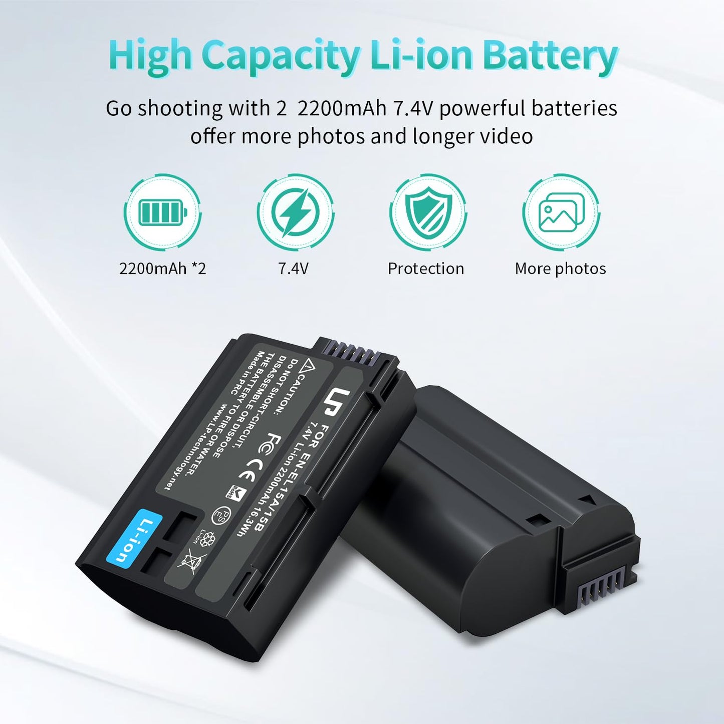 LP EN-EL15 EN EL15a Battery Charger Pack, 2-Pack Battery 2200mAh & Dual Slot Charger, Compatible with Nikon D7500, D7200, D7100, D7000, D850, D750