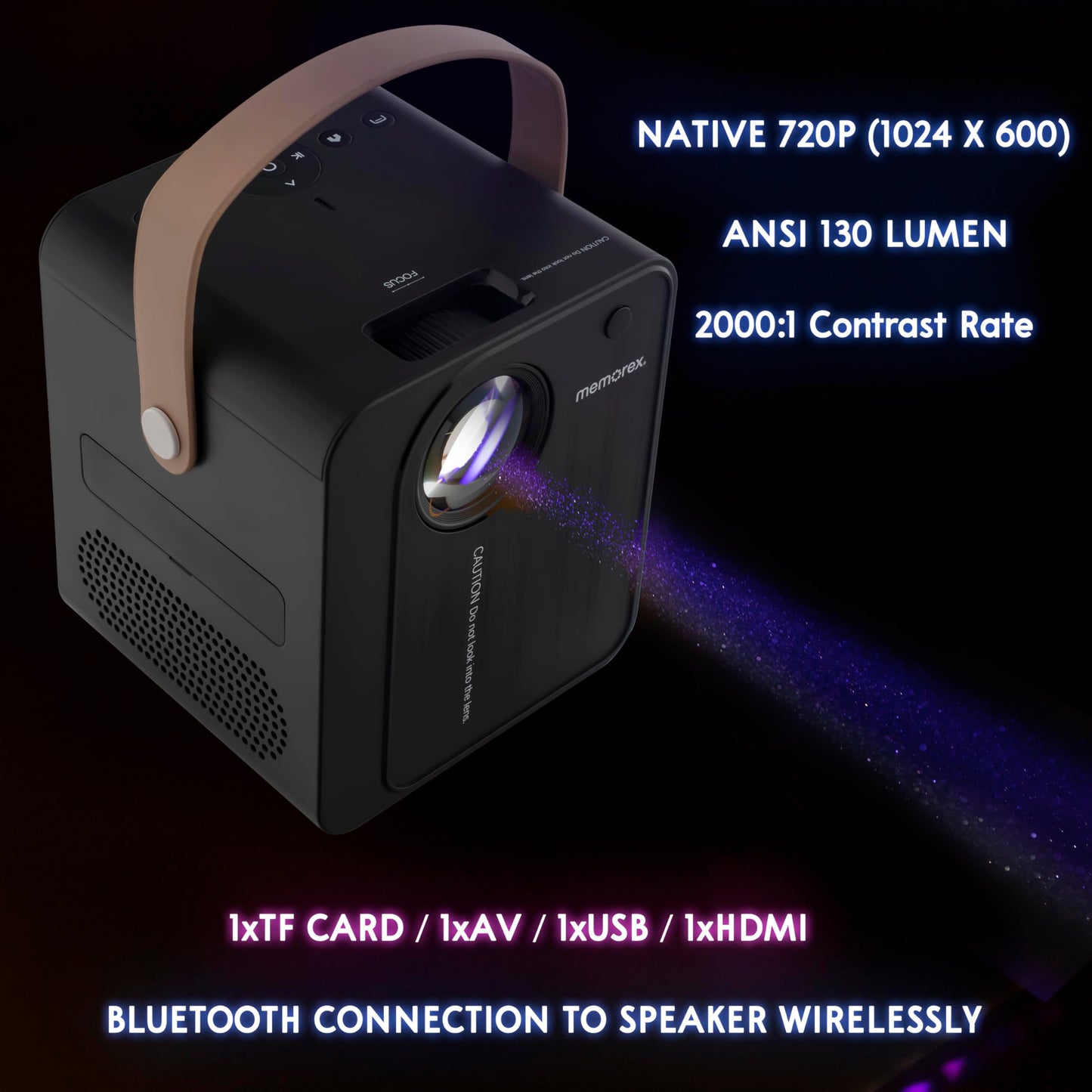 Memorex MX-PJ720 | 720P Portable HD Projector with Bluetooth 5.3, HDMI, USB, TF Card Input | 130 ANSI Lumens | Gaming, Presentations, and Home