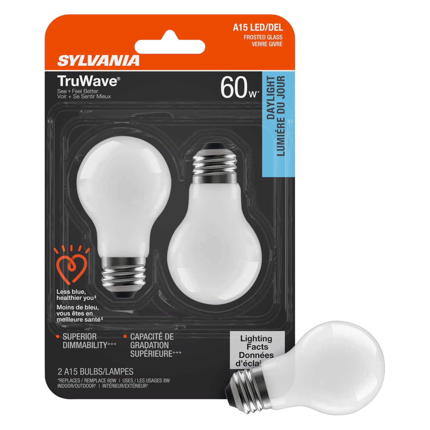 Sylvania LED TruWave Natural Series Ceiling Fan / Fixture Light Bulb, 60W A15 Daylight Medium Base, Dimmable, 5000K, 800 Lumens, Frosted - 2 Pack
