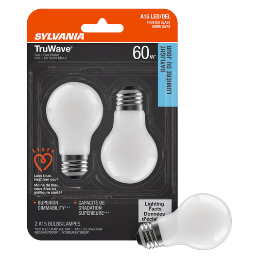 Sylvania LED TruWave Natural Series Ceiling Fan / Fixture Light Bulb, 60W A15 Daylight Medium Base, Dimmable, 5000K, 800 Lumens, Frosted - 2 Pack