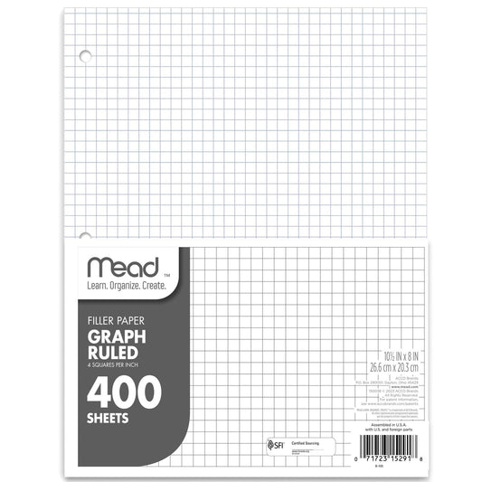 Mead Loose Leaf Paper, Graph Ruled Filler Notebook Paper, 8" x 10-1/2", 400 Sheets, Fits 3-Ring Binder (150038-ECM)