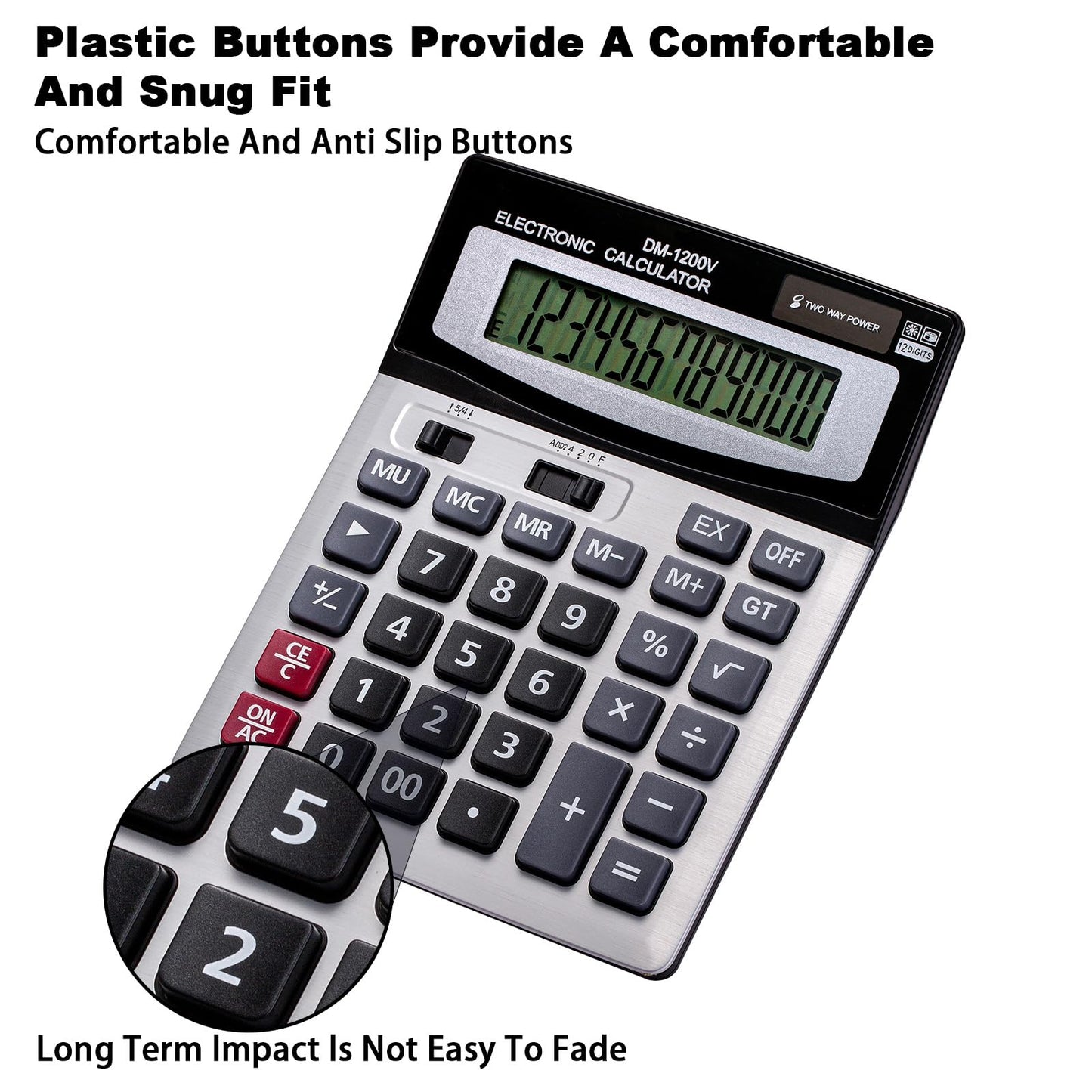 YEBMoo 12 Digit Desktop Calculator with Large LCD Display and Sensitive Button, Dual Solar Power and Battery, Standard Function for Office (YE1200v)