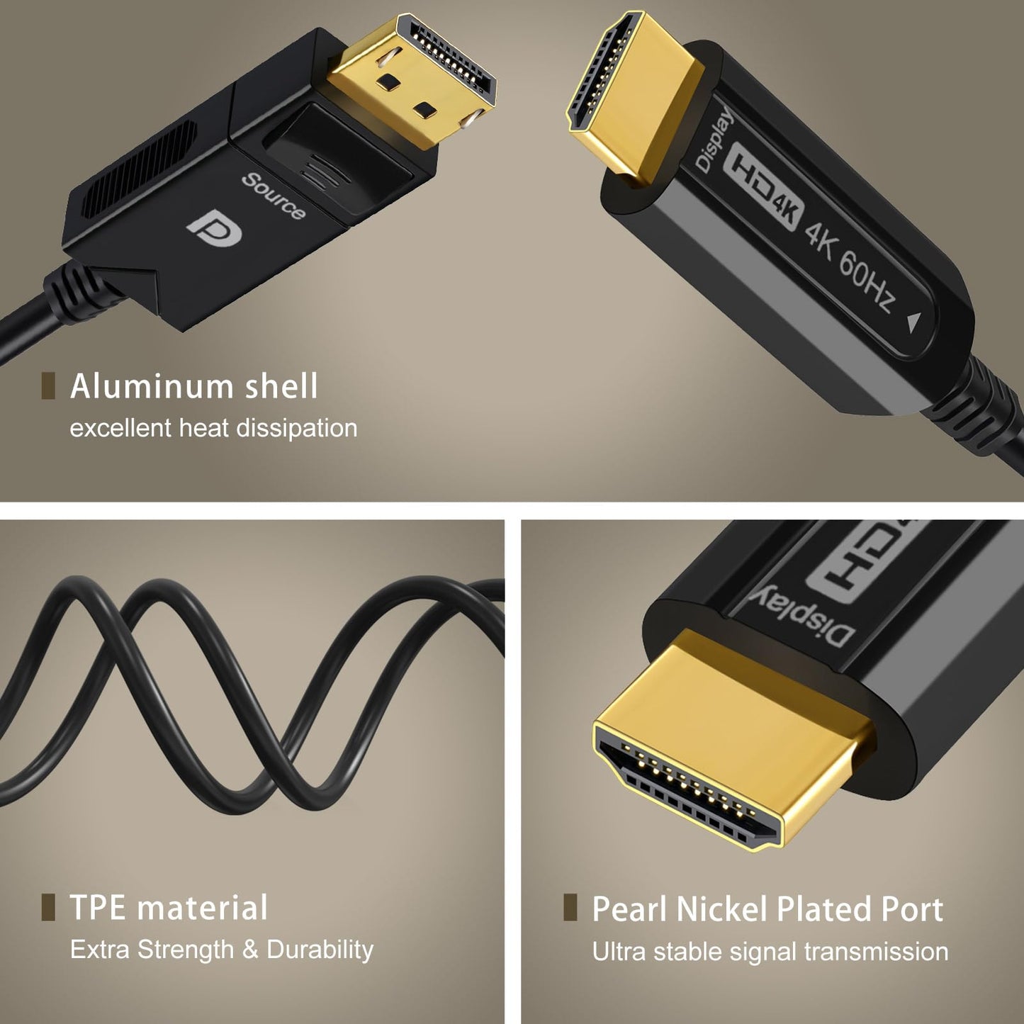 ConnBull DisplayPort to HDMI Active Cable 50FT, Uni-Directional DP to HDMI Fiber Optic Support 4K@60Hz/ 1080@120Hz, 18Gbps, HDR10, HDCP2.2