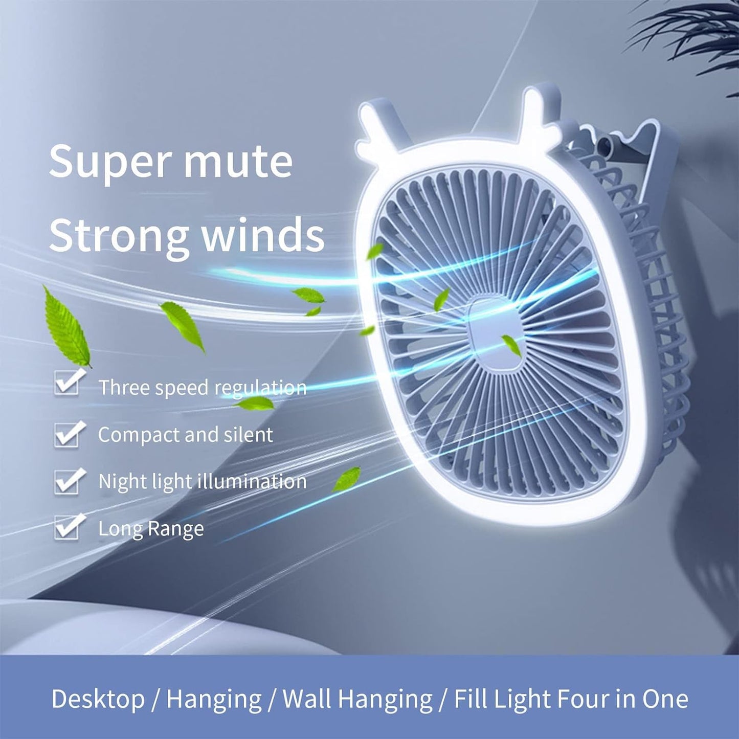 ICASSE Small Desk Fan Personal Fan USB Charging Portable Fan with LED Makeup Light and Night Light Strong Mini Wall Fan Table Fan for Home Office