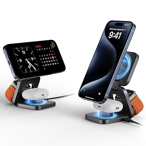 3-in-1 Wireless Charger Stand, LULULOOK 15W Magnetic Charger Wireless Fast Charging Station for iPhone 16/15/14 Series, Aluminum 5W Charger for Apple