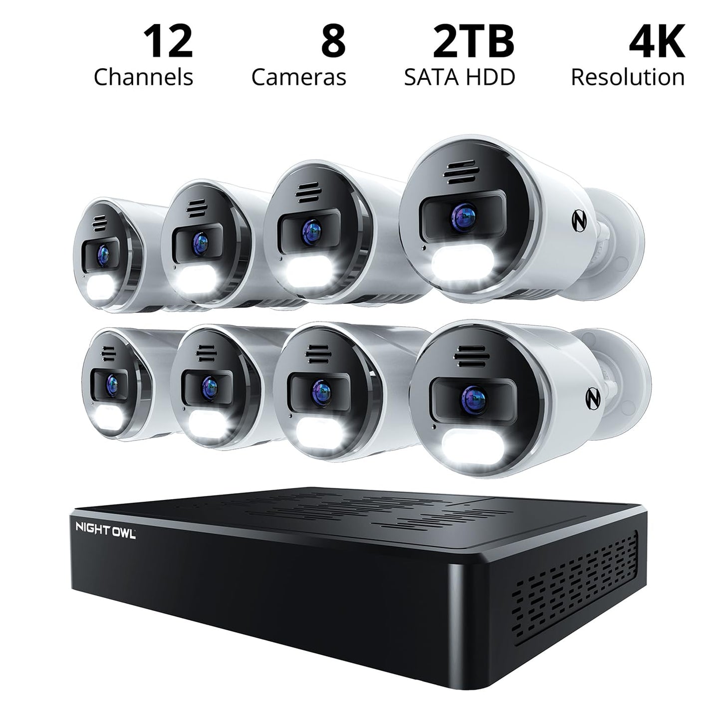 Night Owl Power Over Ethernet 12 Channel NVR Video Home Security Camera System with (8) Wired IP 4K HD Indoor/Outdoor Deterrence Cameras and 2TB Hard