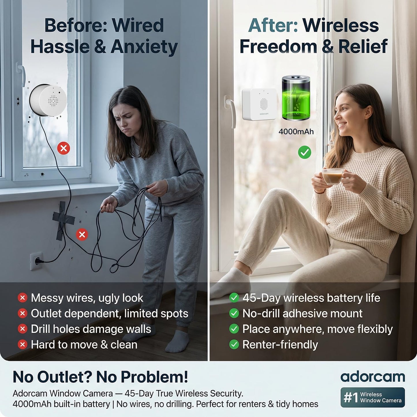 adorcam Wireless Window Camera for Indoor: 45-Day Battery Eliminates All Cords - No Outlet Needed for Renters No Messy Wiring for Apartments Windows