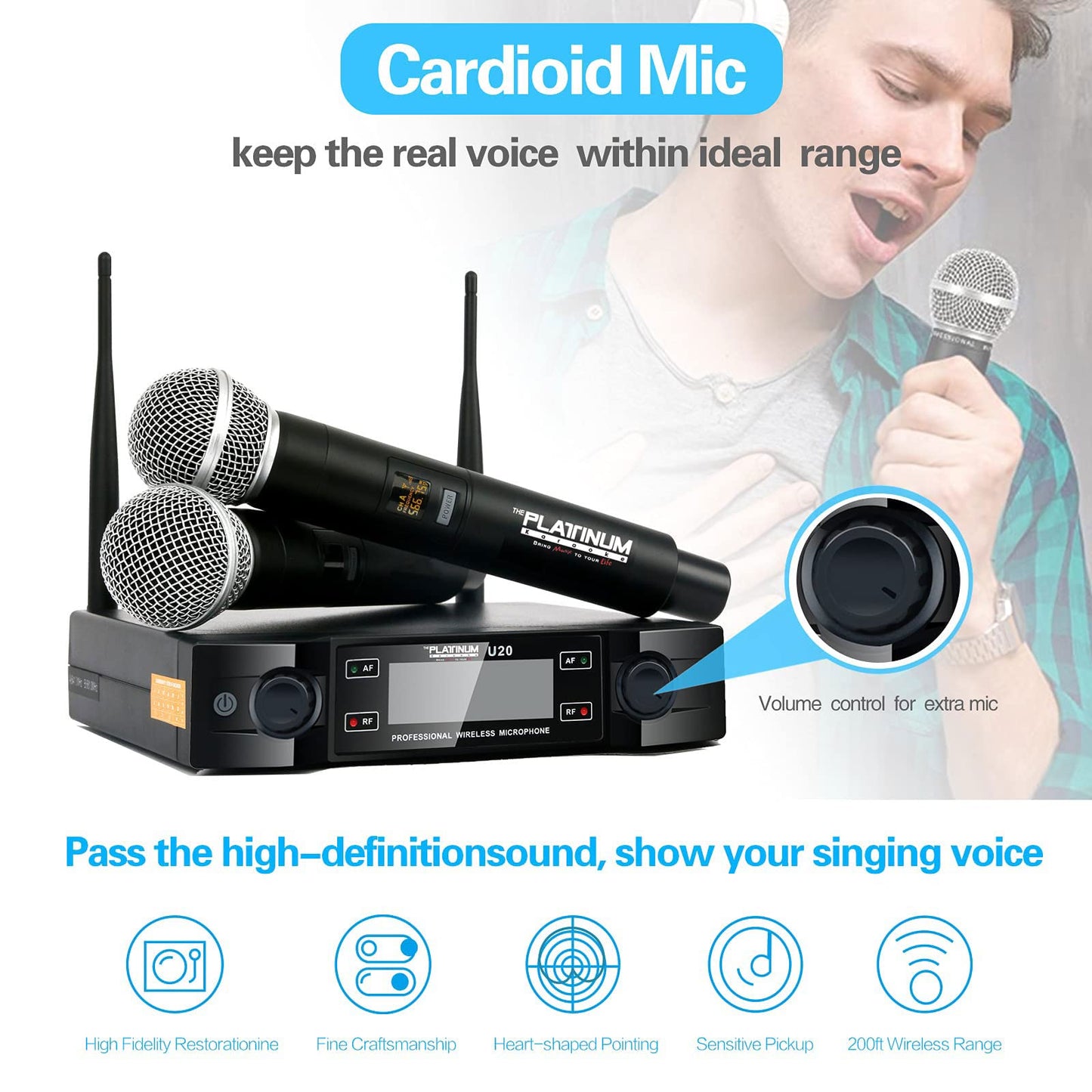 The Platinum UHF Wireless Microphone System, 200FT UHF Range Metal Professional Dual Channel Handheld Dynamic Mic System with Professional Karaoke