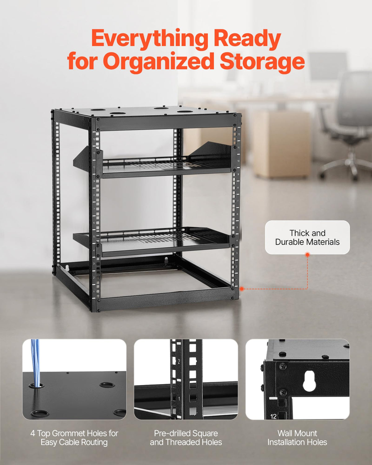 VEVOR 12U Open Frame Network Rack, 23 in Depth, Wall Mounted or Floor Standing Server Rack, Heavy Duty 4 Post, with Vented Shelves & Mounting